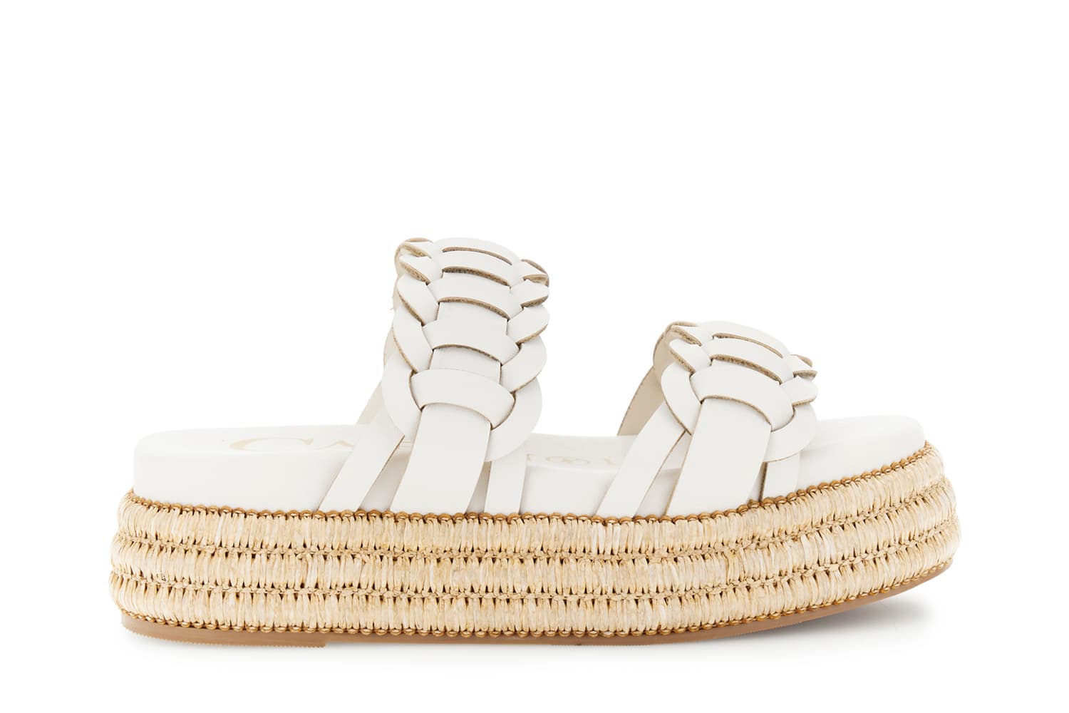 CafèNoir — Sandalo in sintetico effetto pelle due fasce con zeppa rafia off white