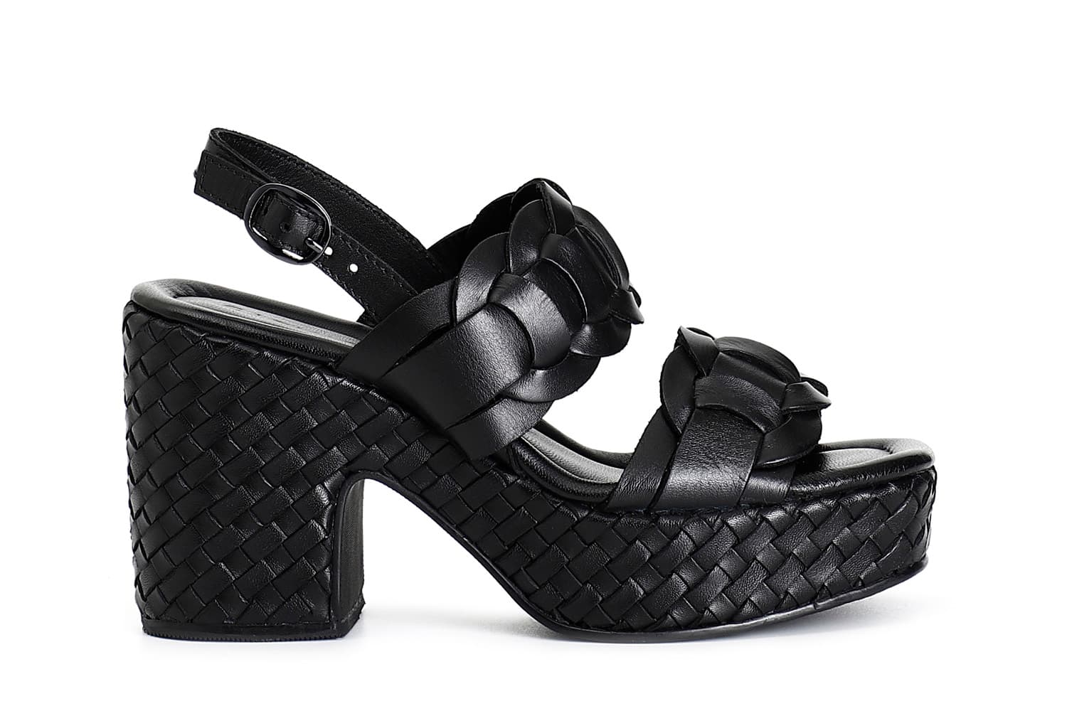 CafèNoir — Sandali doppia fascia in pelle zeppa intreccio nero