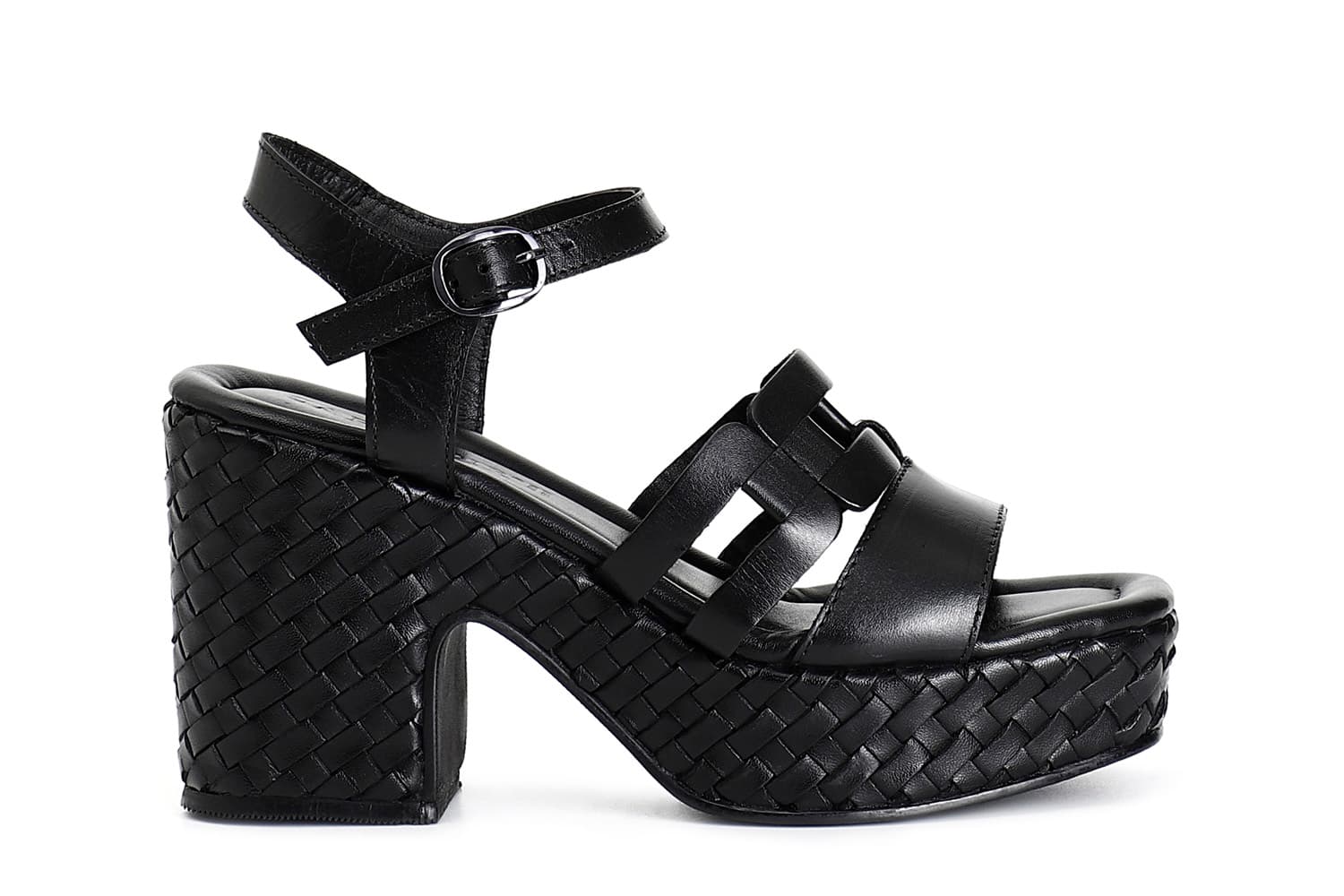 CafèNoir — Sandali gilda in pelle due fasce davanti zeppa intrecciata nero
