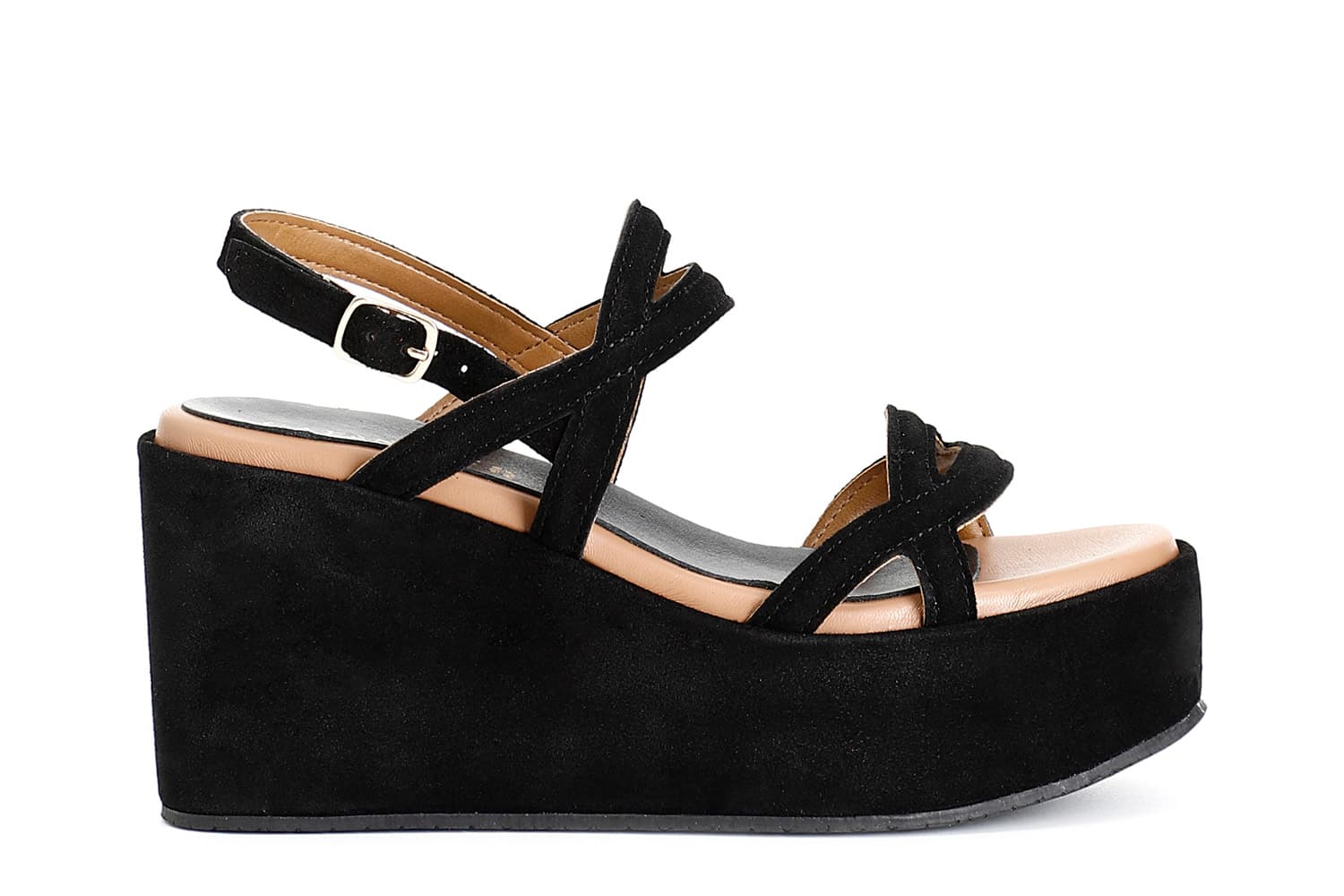 CafèNoir — Sandali zeppa in pelle scamosciata due incroci nero