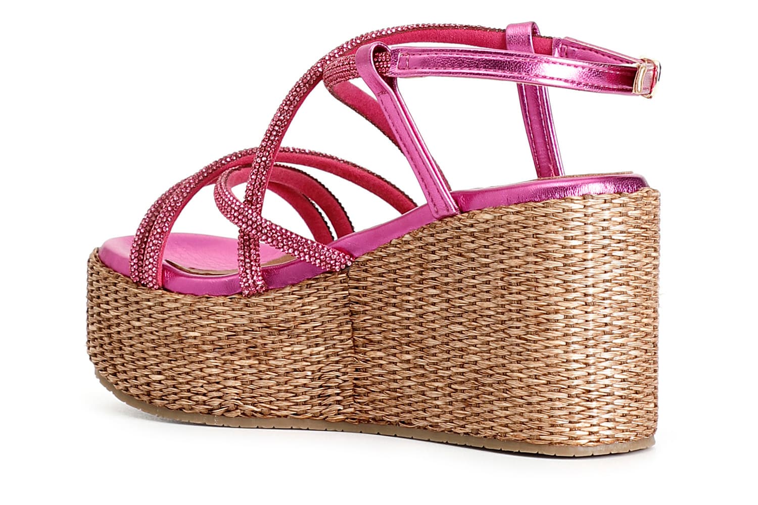 Sandali con fasce incrocio strass su zeppa in rafia fuxia — vista 2