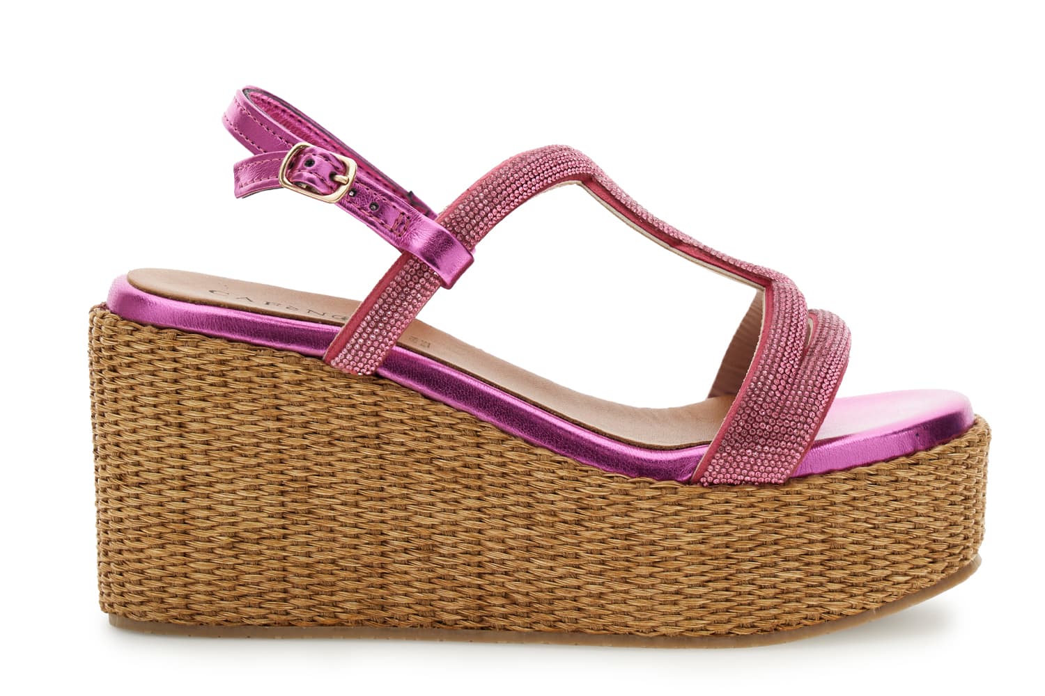 CafèNoir — Sandali doppia fascia in strass zeppa in rafia fuxia