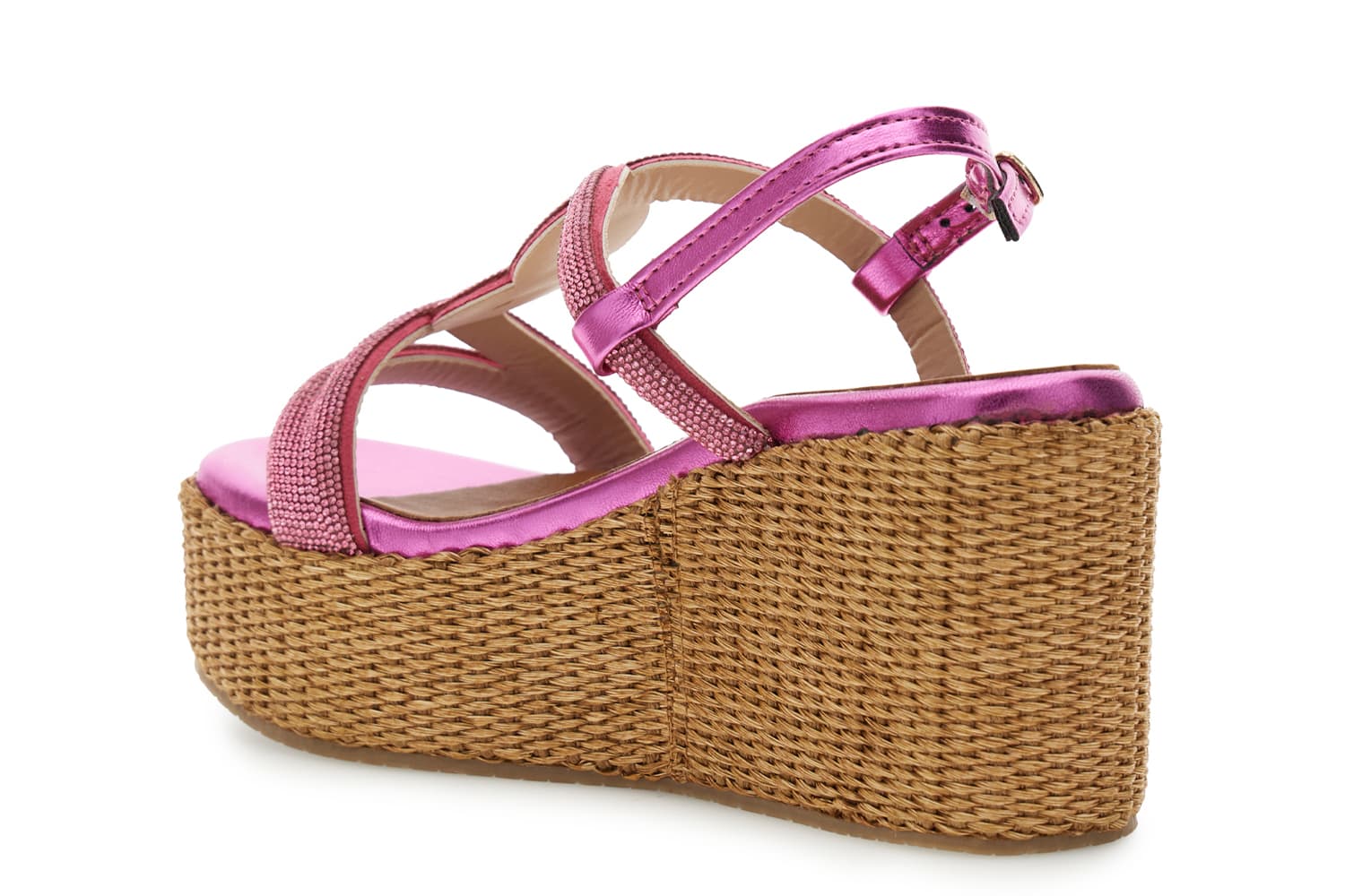 Sandali doppia fascia in strass zeppa in rafia fuxia — vista 2