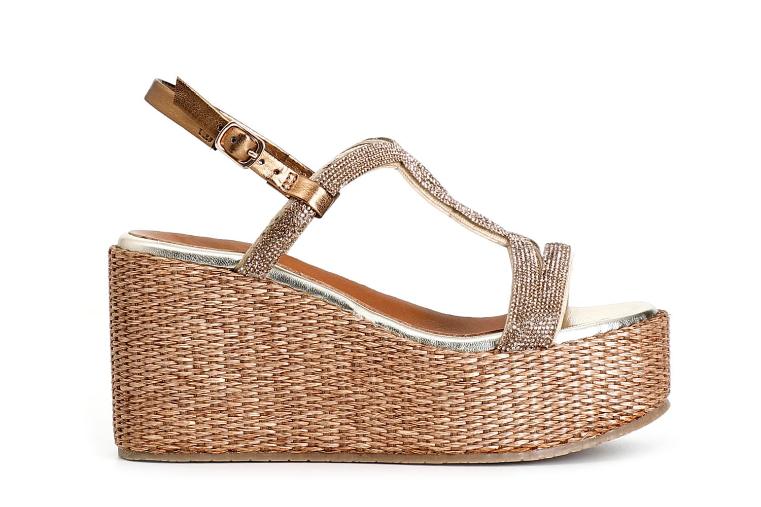 Sandali doppia fascia in strass zeppa in rafia ambra — vista 3