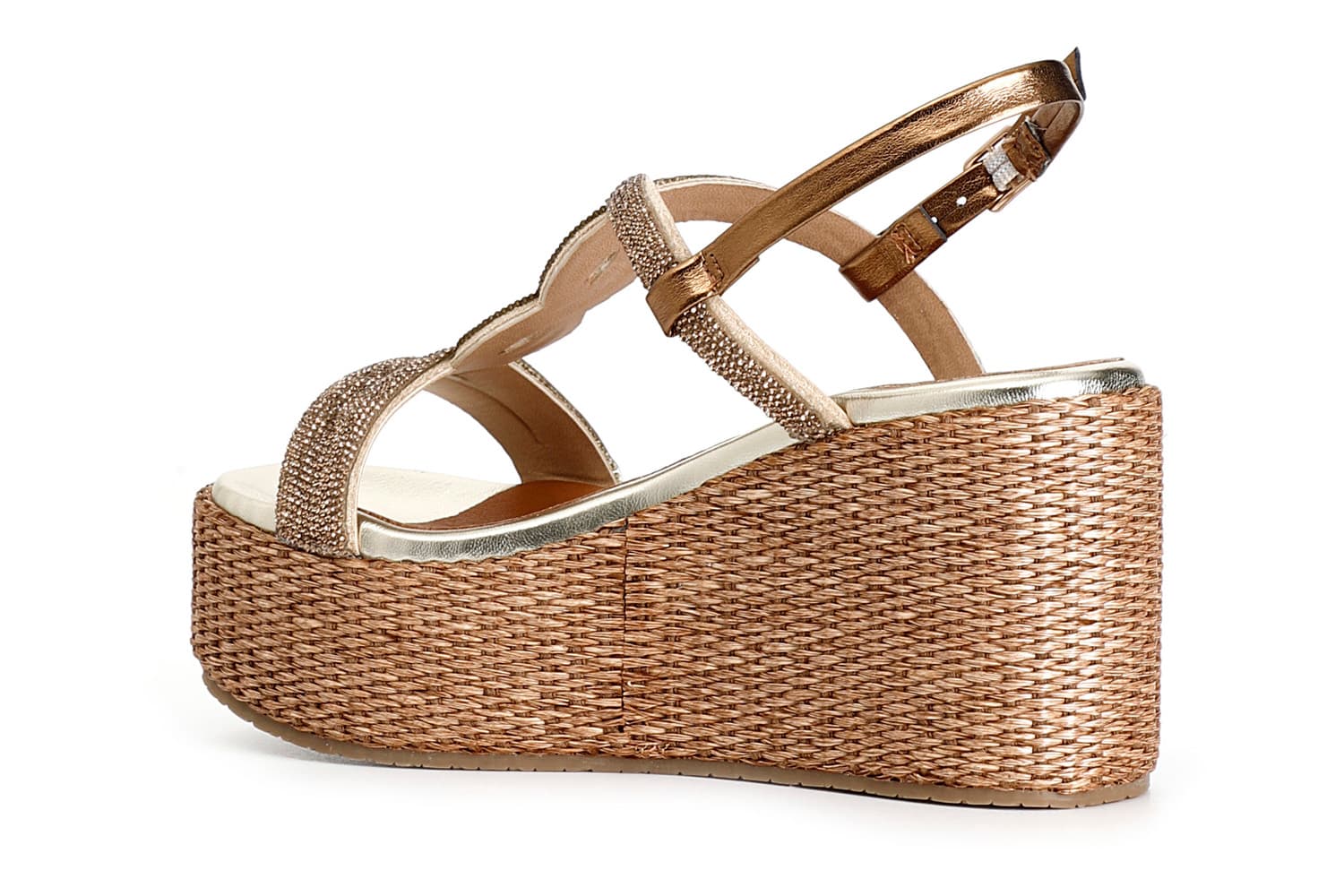 Sandali doppia fascia in strass zeppa in rafia ambra — vista 4