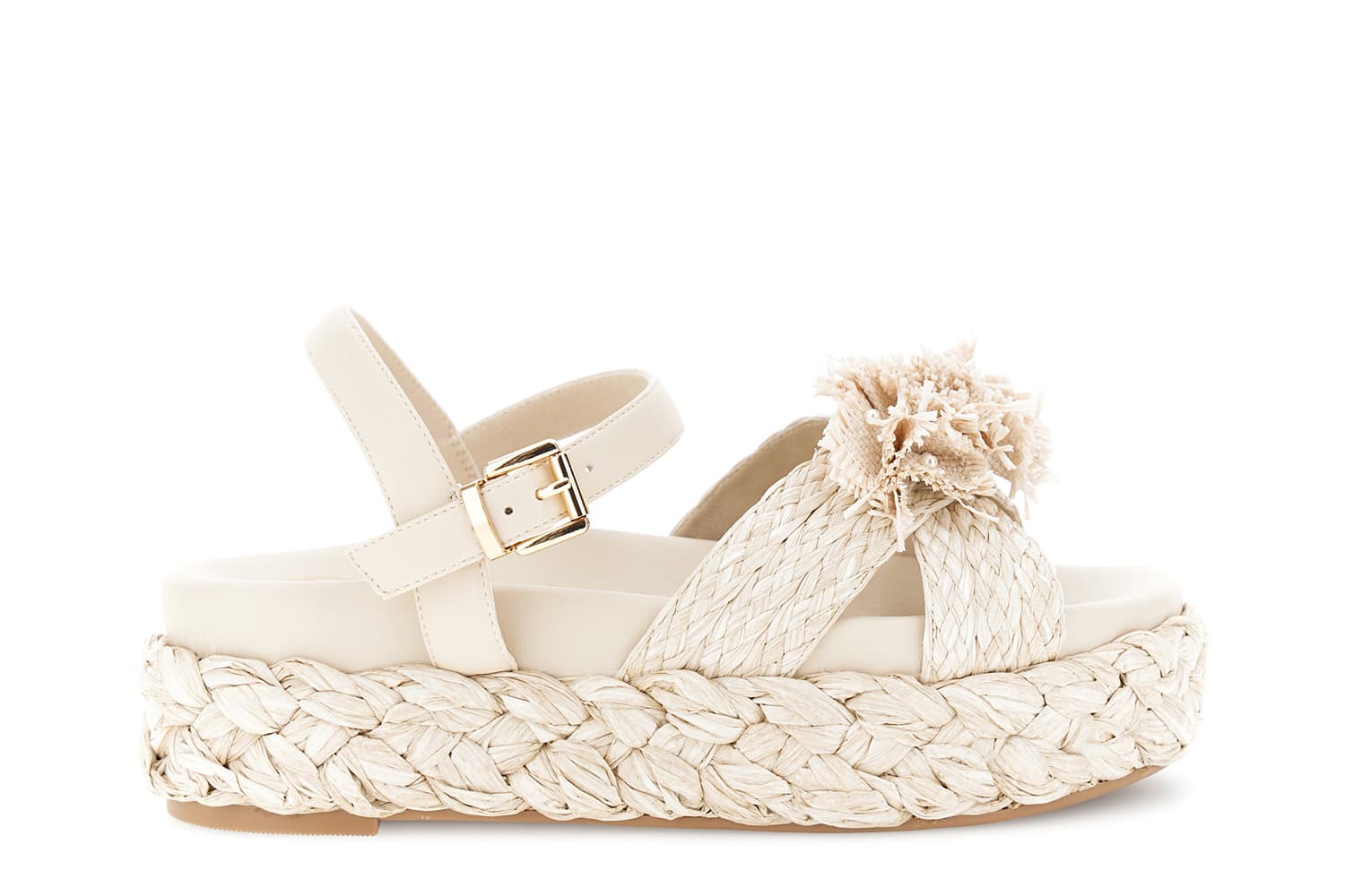 CafèNoir — Sandali incrocio su zeppa fascia raffia con fiori beige
