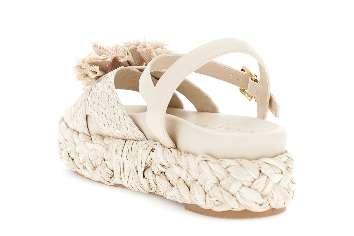 Sandali incrocio su zeppa fascia raffia con fiori beige — vista 4