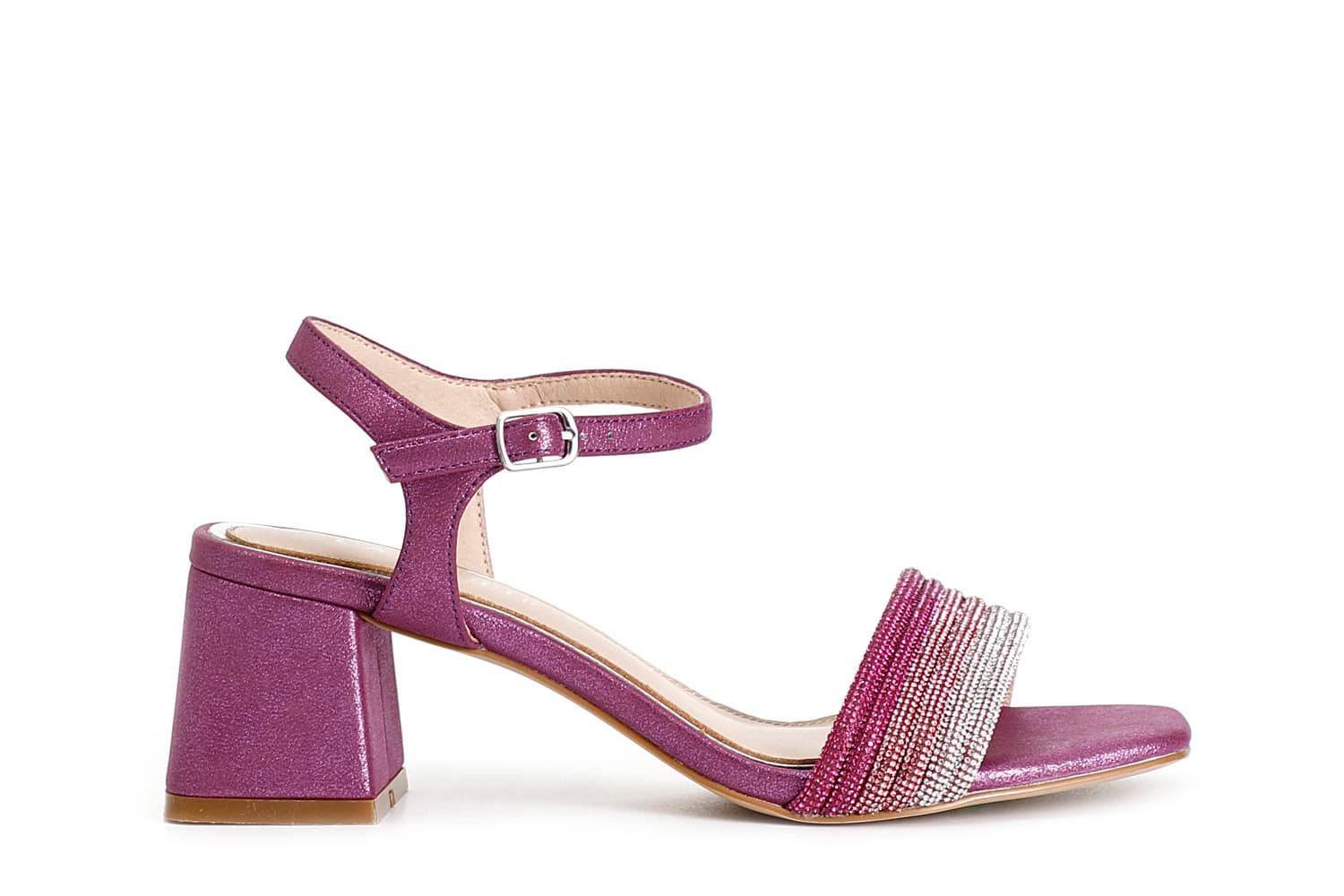CafèNoir — Sandali gilda effetto laminato con fasce strass davanti fuxia