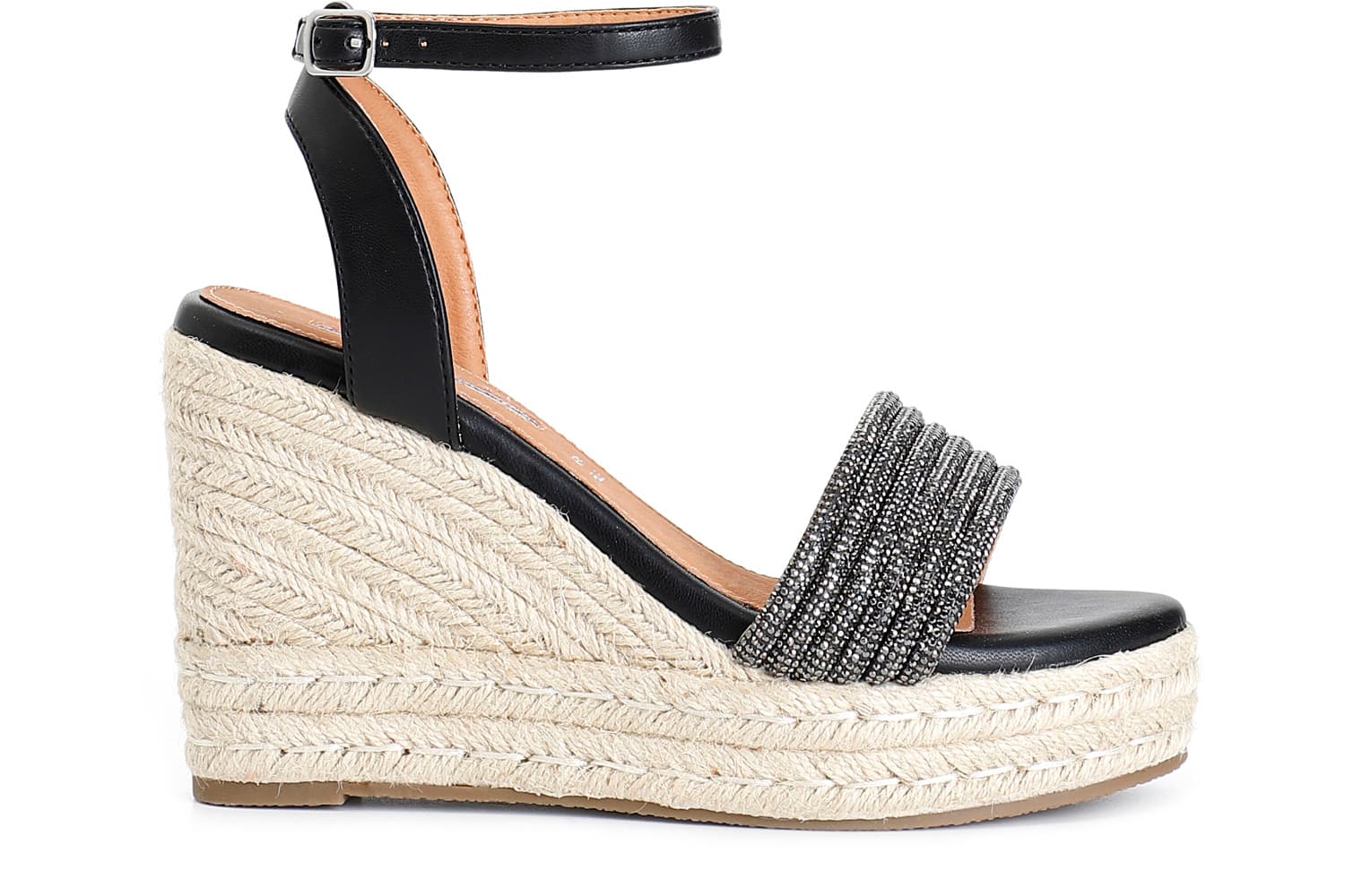 Sandali con mignons strass su zeppa corda nero — vista 3