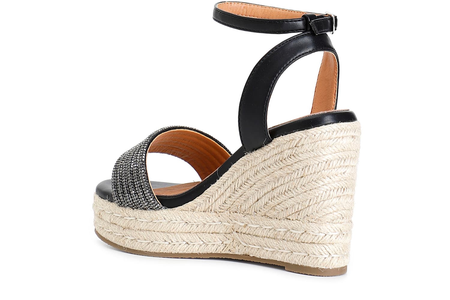 Sandali con mignons strass su zeppa corda nero — vista 2