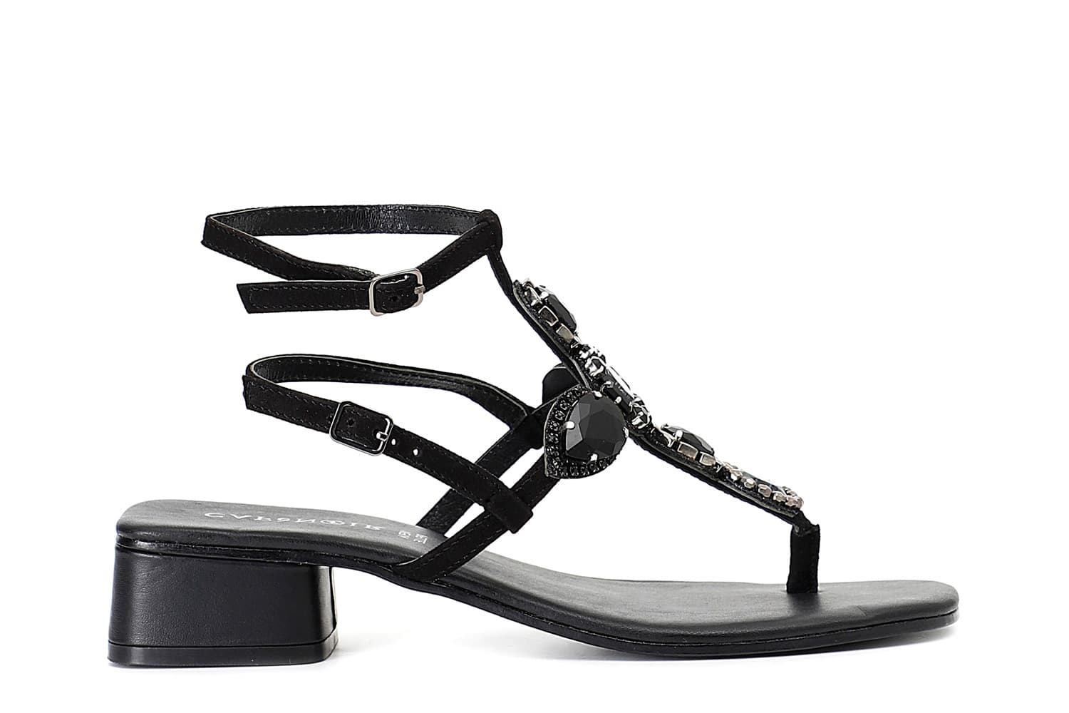 CafèNoir — Sandali infradito in camoscio con accessorio gioiello nero