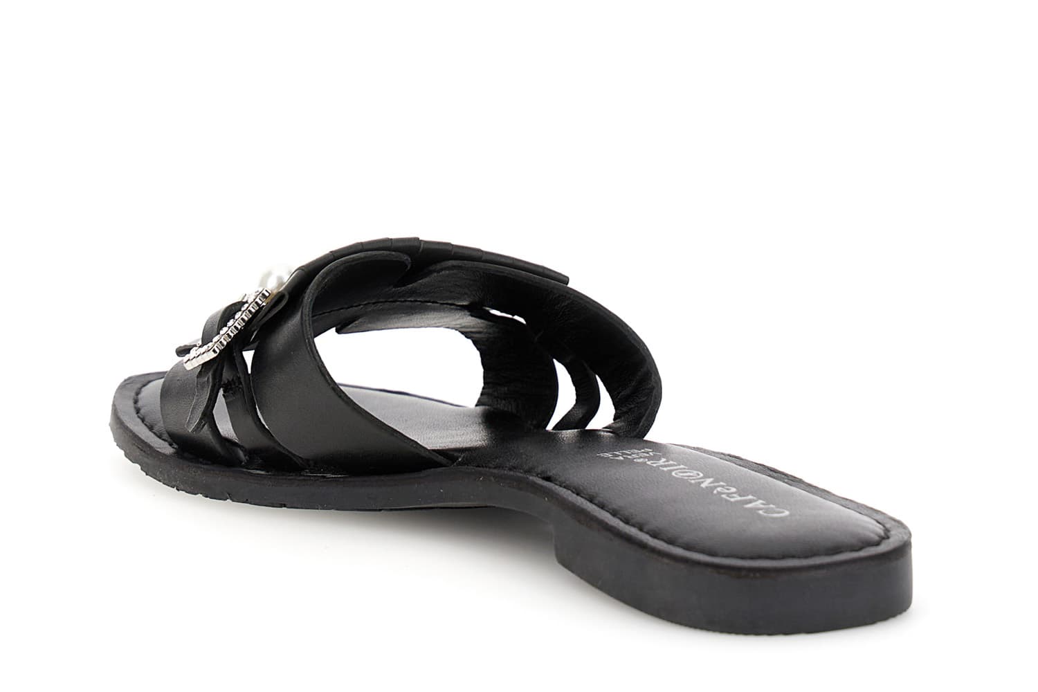 Sandali ciabatta flat in pelle con fibbia gioiello nero — vista 2