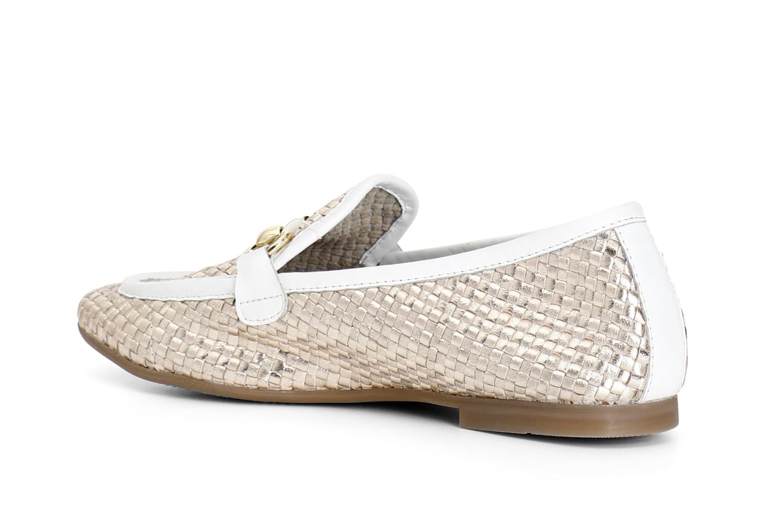 Mocassini donna in pelle intrecciata con morsetto bianco/oro — vista 2
