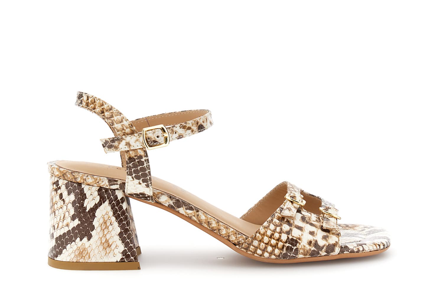 CafèNoir — Sandali in pelle stampa pitone con doppia fibbia e cinturino multi beige