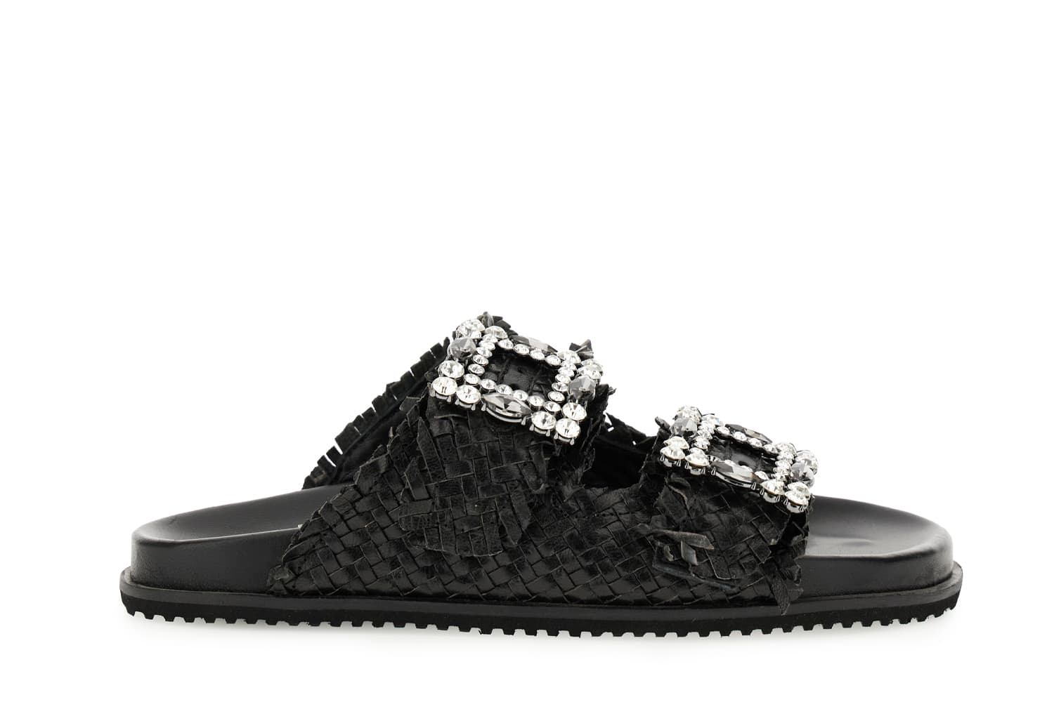 CafèNoir — Ciabatta doppia fibbia strass in pelle intrecciata nero