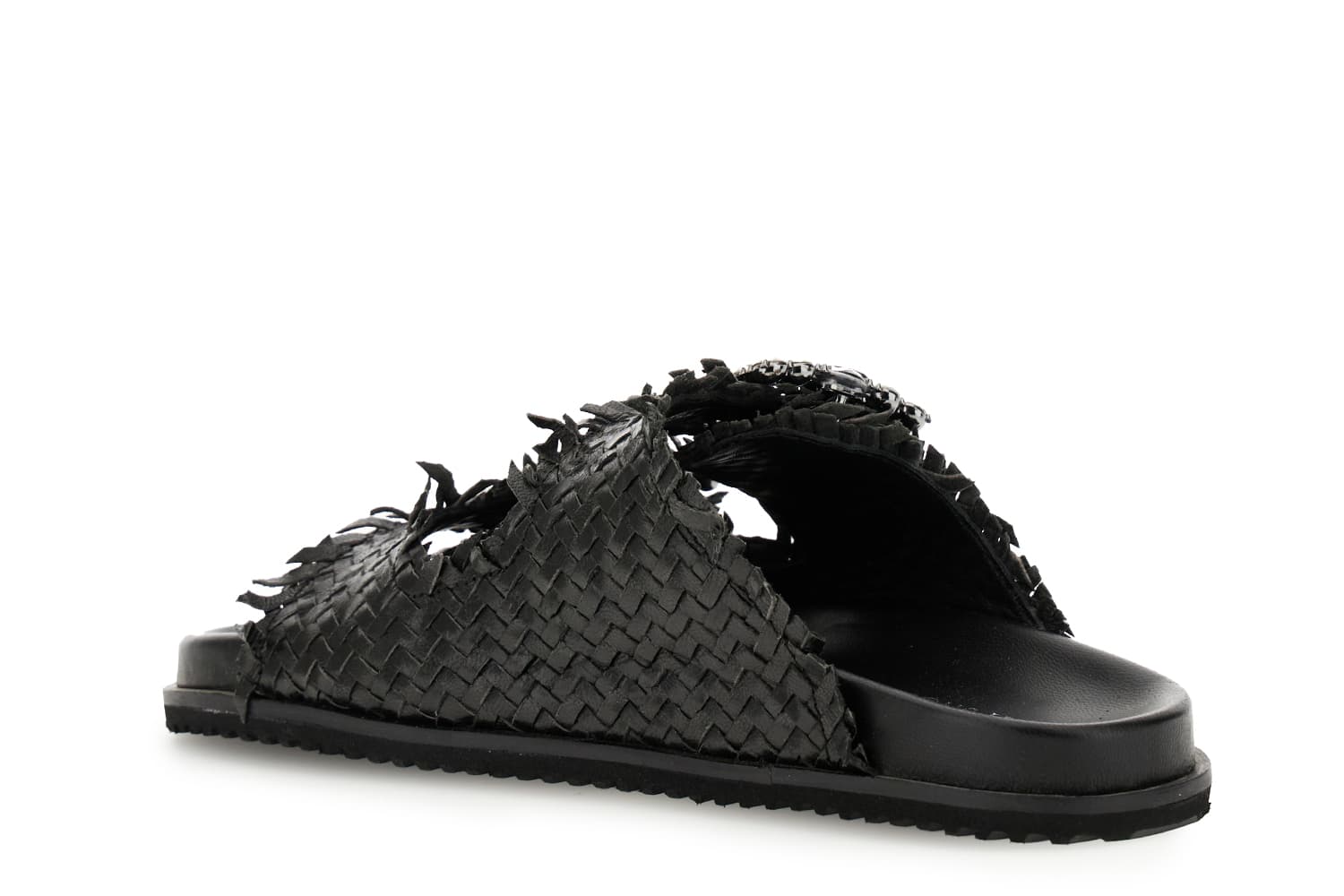 Ciabatta doppia fibbia strass in pelle intrecciata nero — vista 2