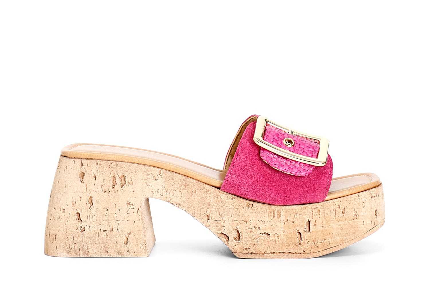 CafèNoir — Ciabatta in pelle scamosciata e raffia con fibbia fuxia