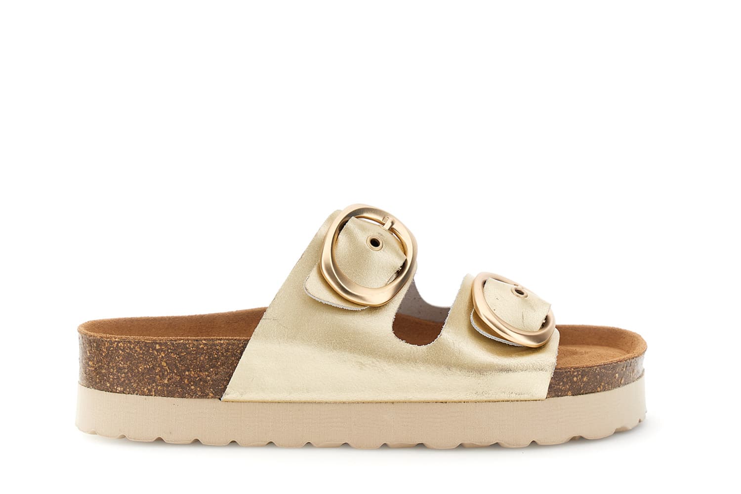 CafèNoir — Sandali ciabatta platform in pelle laminata con doppia fibbia platino
