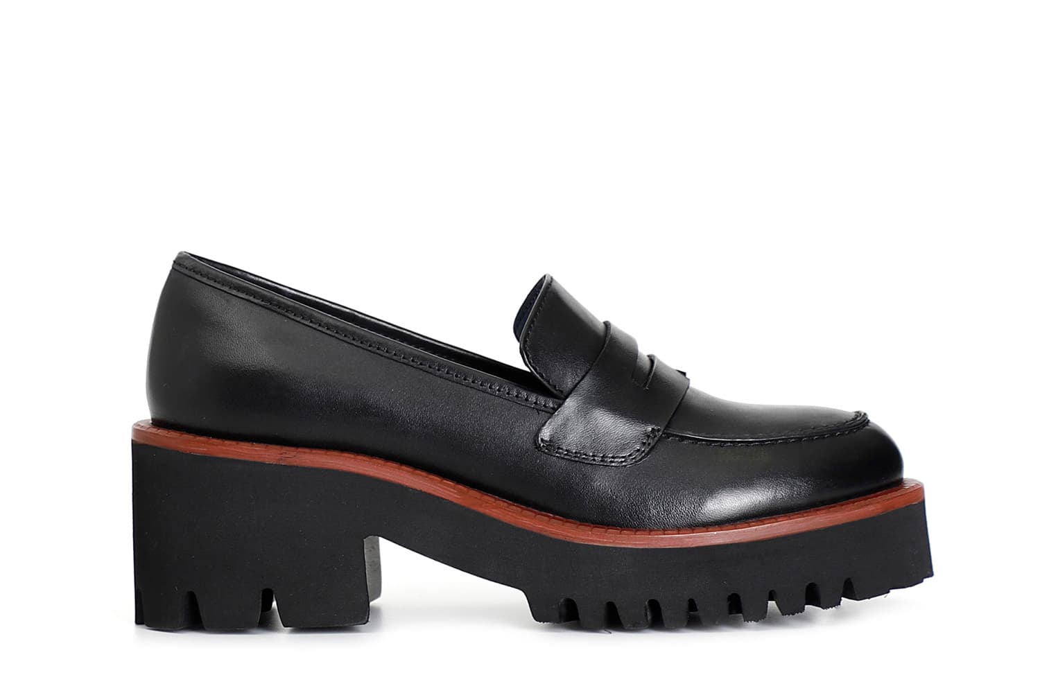 Mocassino da donna in pelle con suola nera e guardolo colorato nero/rosso — vista 3