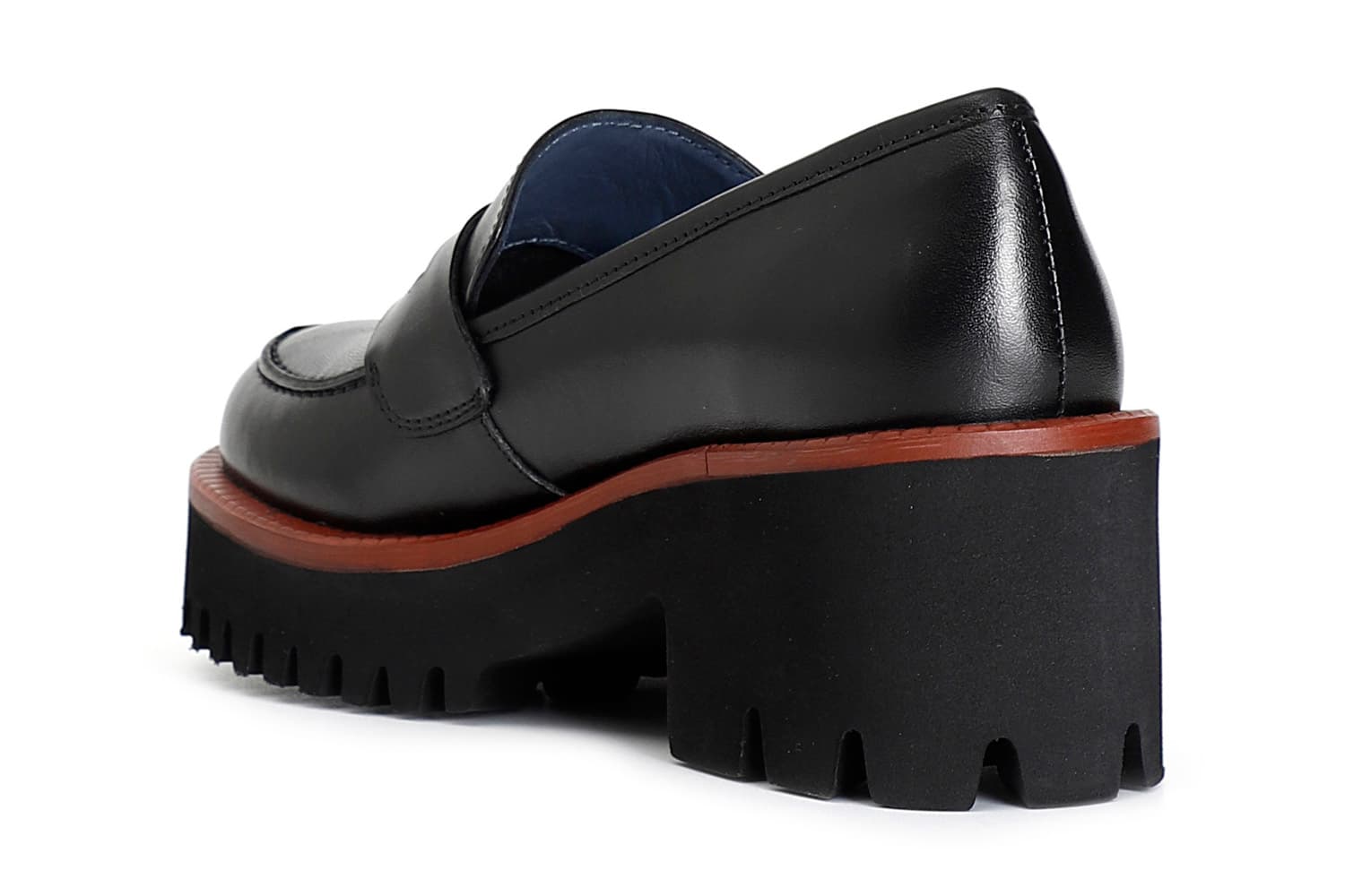 Mocassino da donna in pelle con suola nera e guardolo colorato nero/rosso — vista 4