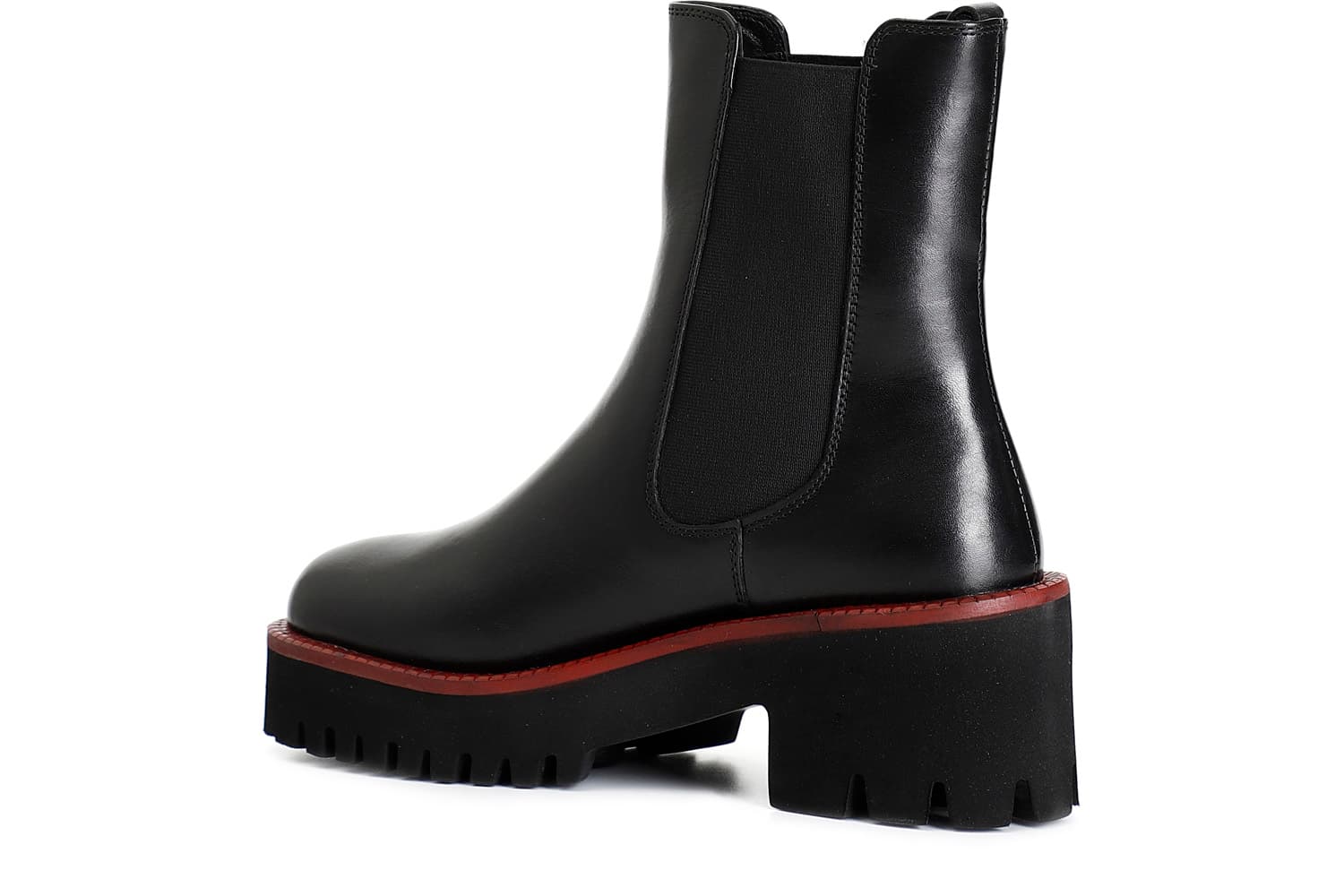 Tronchetto da donna con elastico in pelle con suola nera e guardolo colorato nero/rosso — vista 2