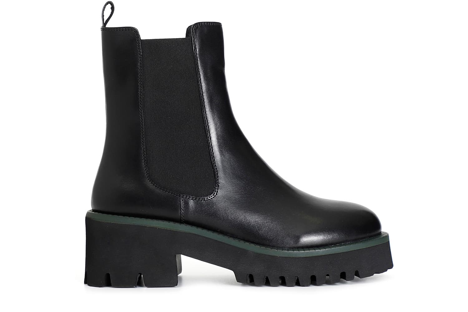 Tronchetto da donna con elastico in pelle con suola nera e guardolo colorato nero/verde — vista 3