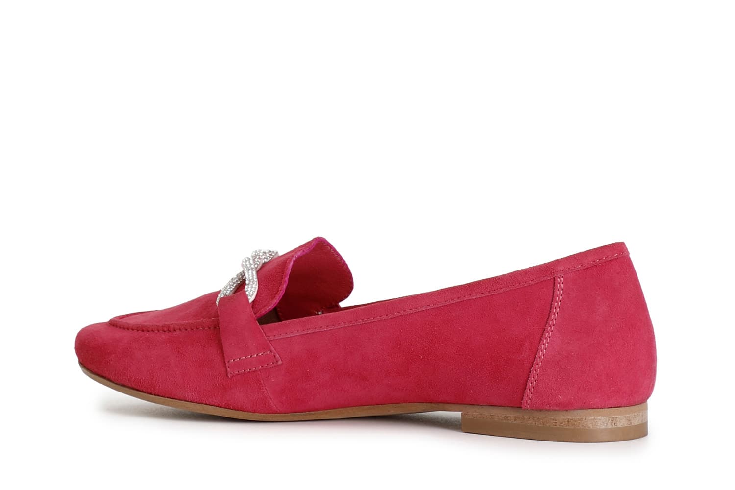 Mocassini donna in camoscio con mignon strass fuxia — vista 2