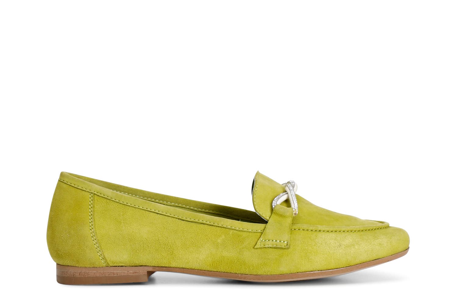 CafèNoir — Mocassini donna in camoscio con mignon strass lime