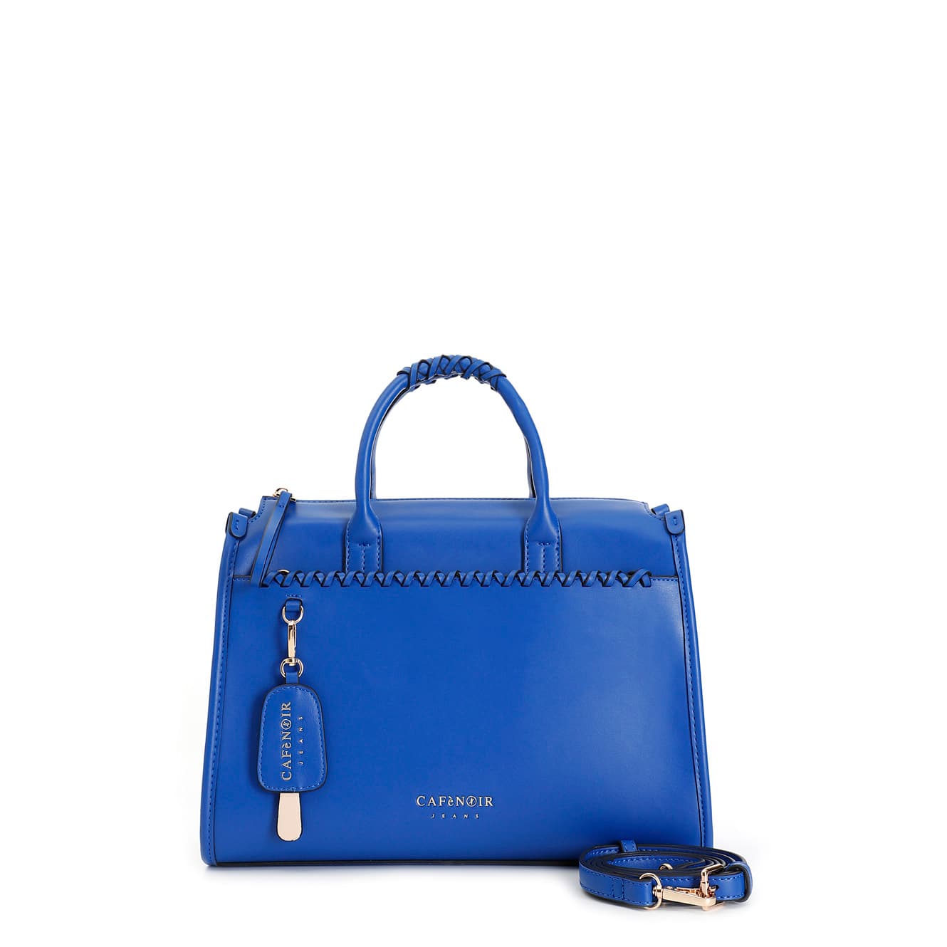CafèNoir — Tote con manici intrecciati, tasca frontale decorata e charm blu