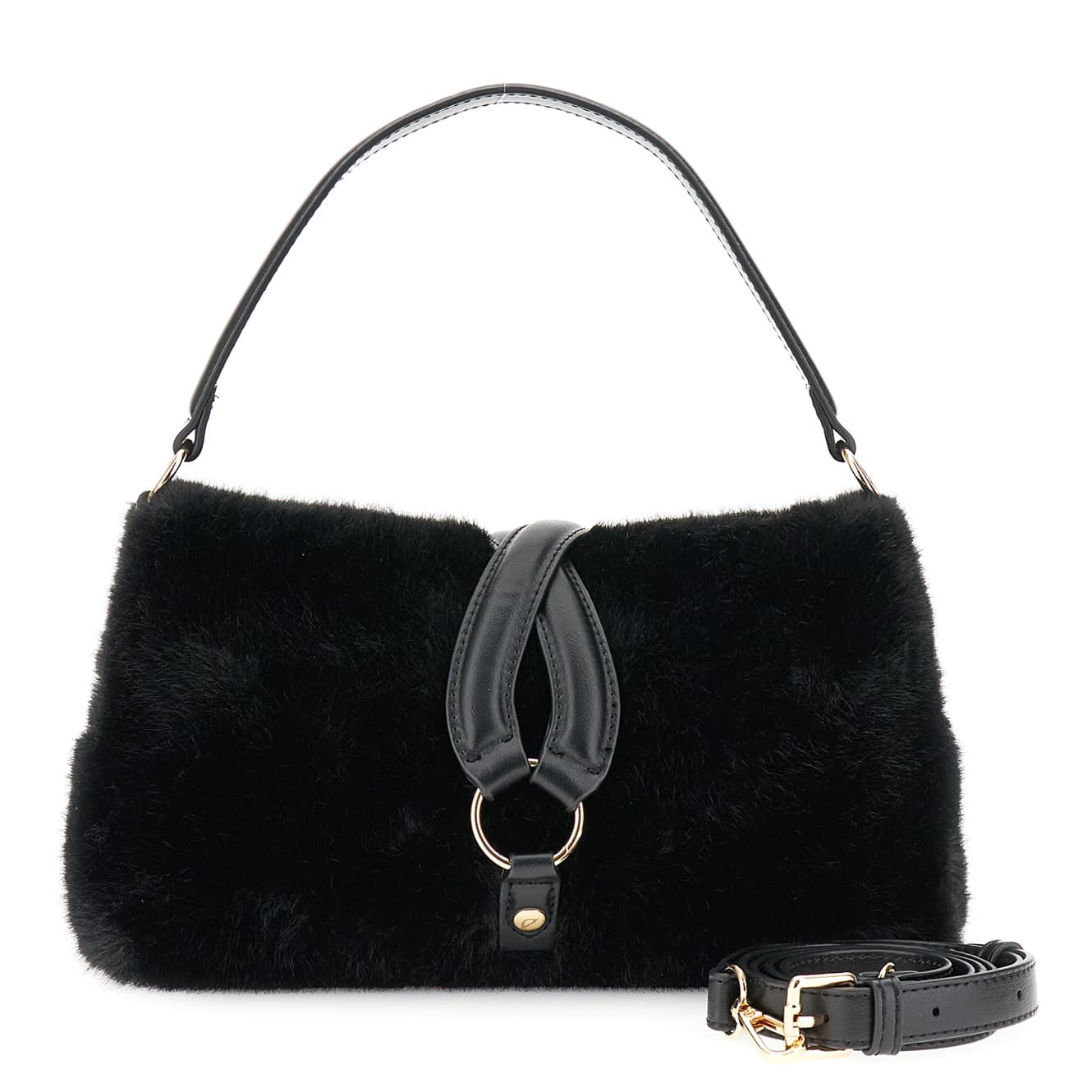 CafèNoir — Borsa a spalla in pelliccia sintetica con anello nero