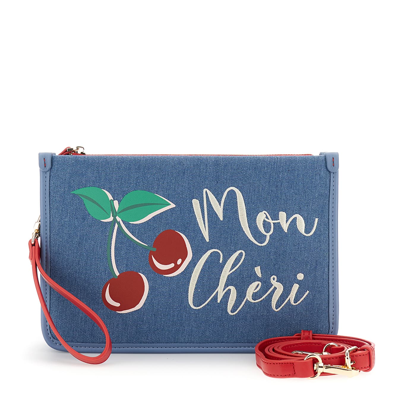 CafèNoir — Clutch in canvas e effetto nappa con stampa e ricamo denim
