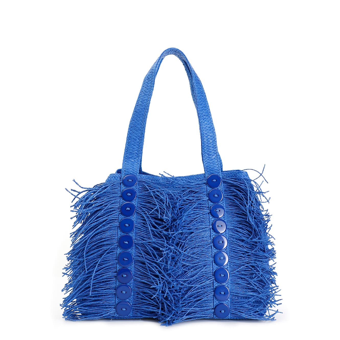 CafèNoir — Shopping bag in rafia con frange e bottoni decorativi blu