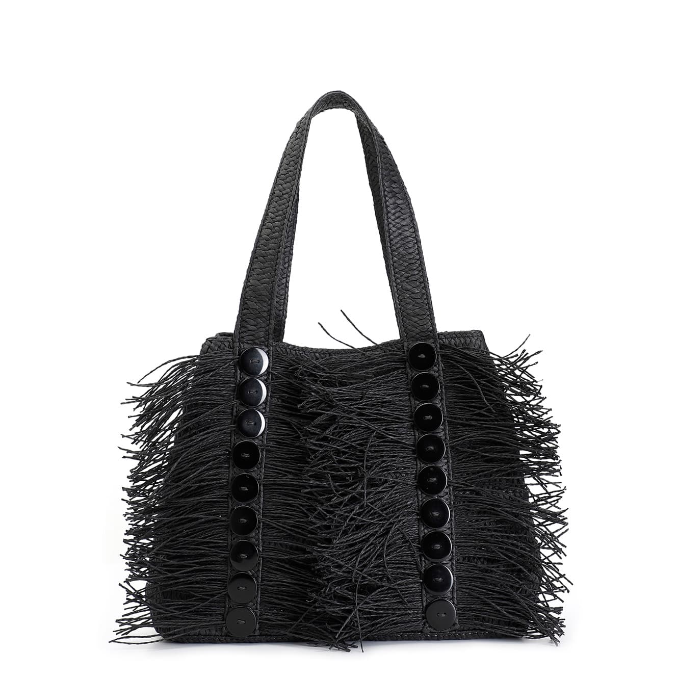 CafèNoir — Shopping bag in rafia con frange e bottoni decorativi nero
