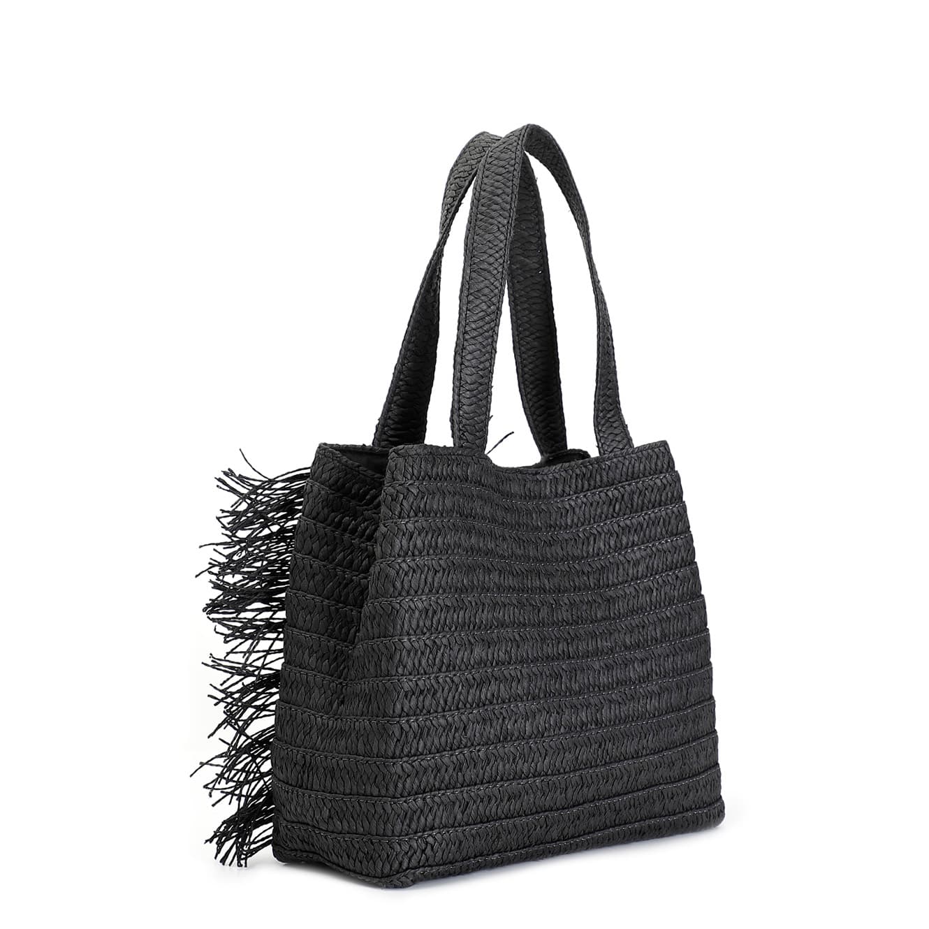 Shopping bag in rafia con frange e bottoni decorativi nero — vista 2