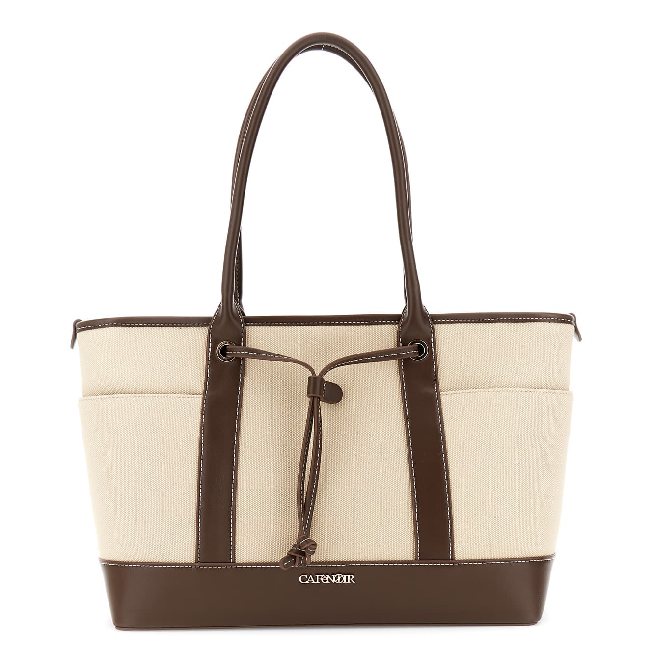 CafèNoir — Shopping bag effetto canvas con rifiniture in effetto pelle a contrasto moro/beige
