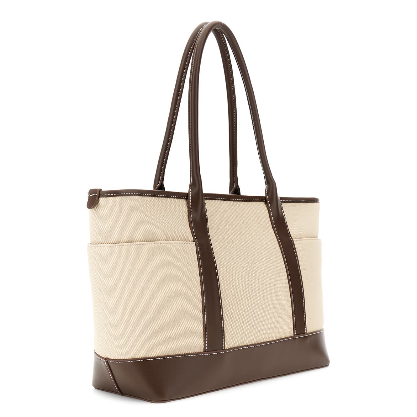 Shopping bag effetto canvas con rifiniture in effetto pelle a contrasto moro/beige — vista 4