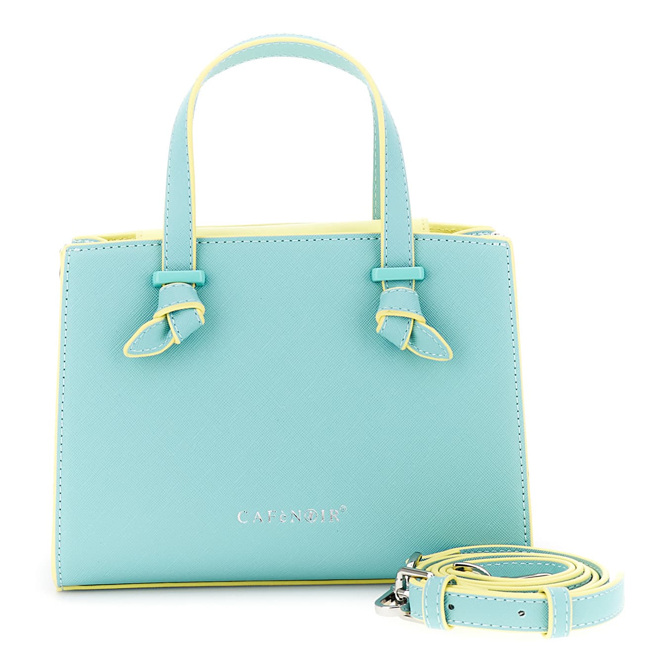 CafèNoir — Minibag effetto saffiano con manici a nodo e passante in metallo acquamarina