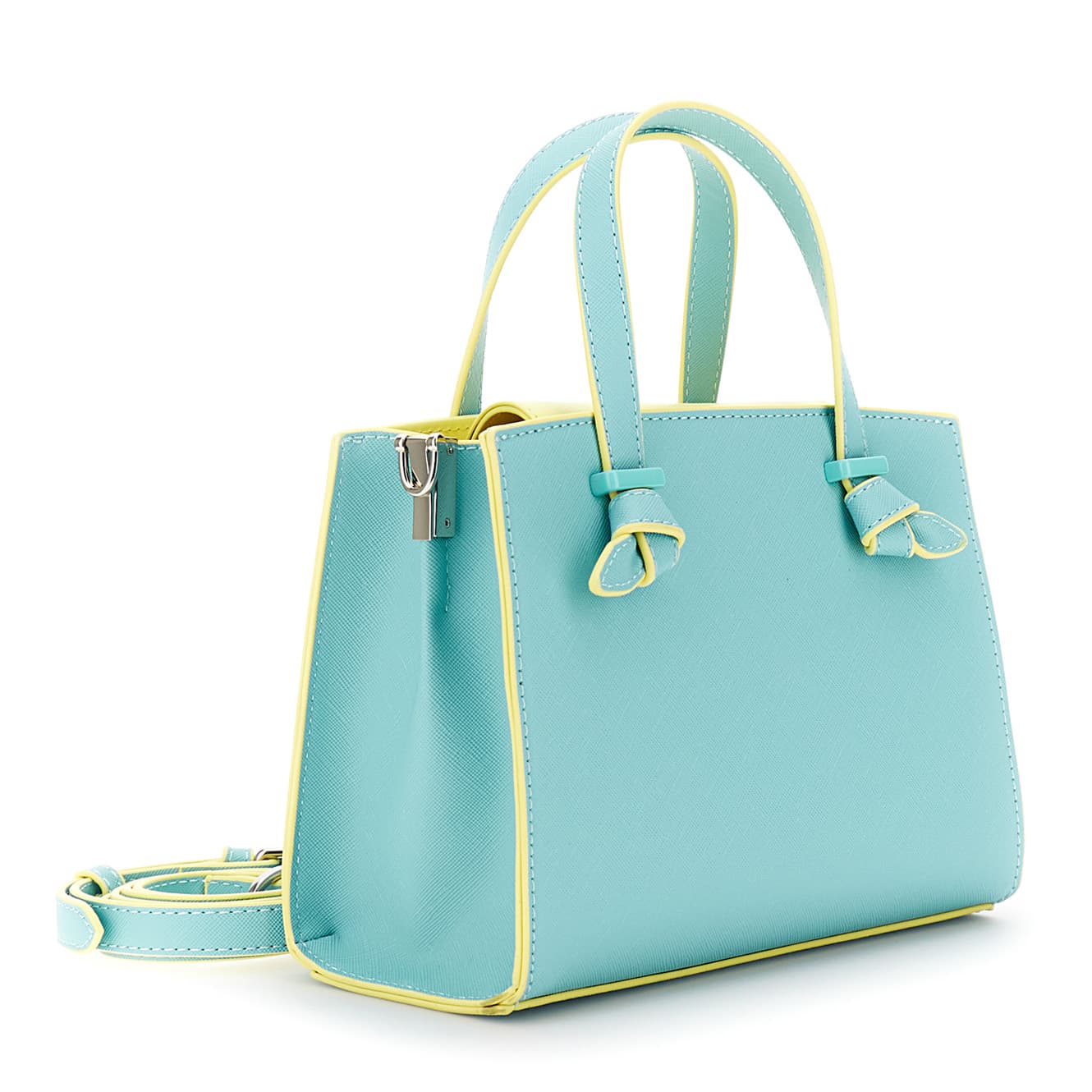 Minibag effetto saffiano con manici a nodo e passante in metallo acquamarina — vista 2