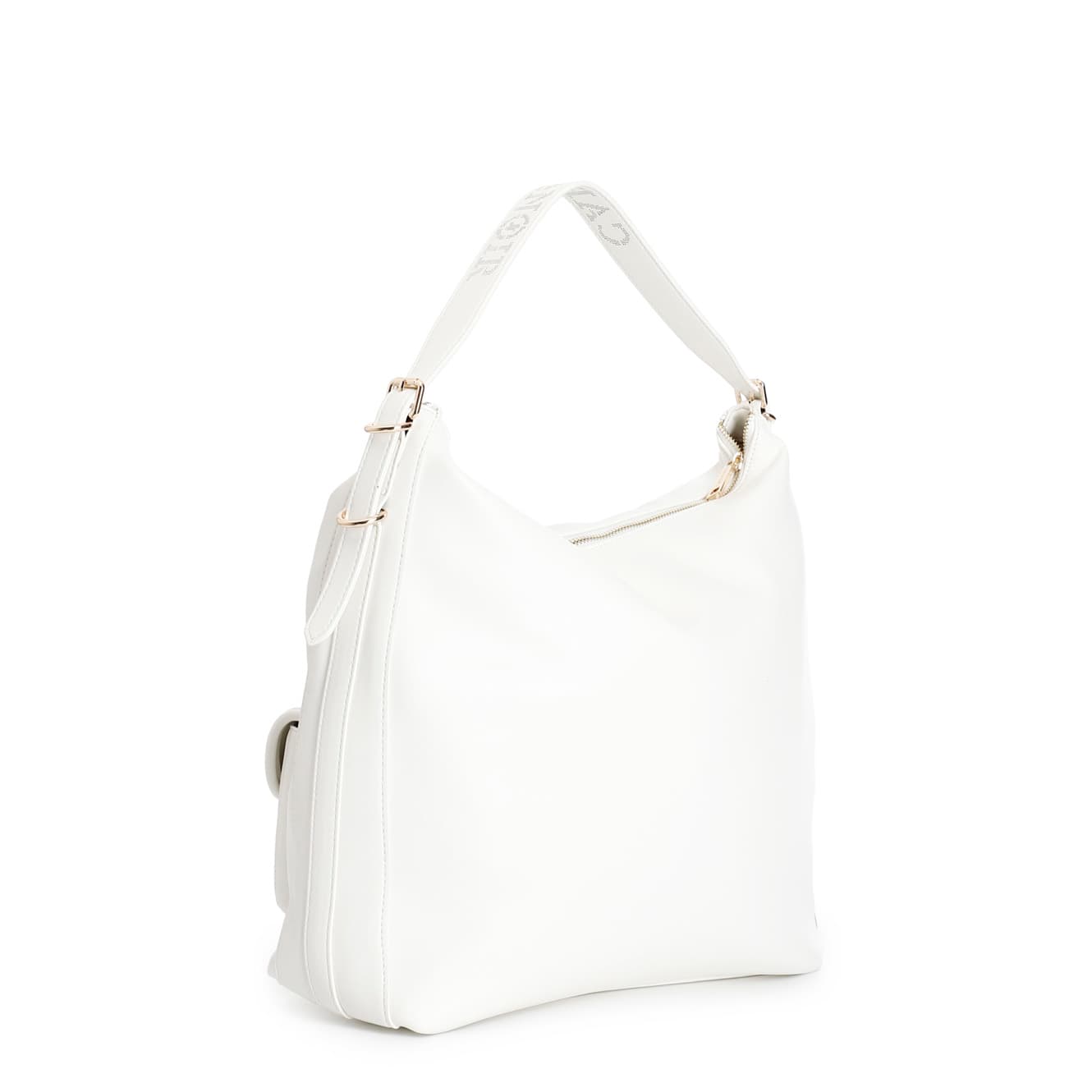 Borsa a spalla con tasche e logo laserato sulla tracolla bianco — vista 2