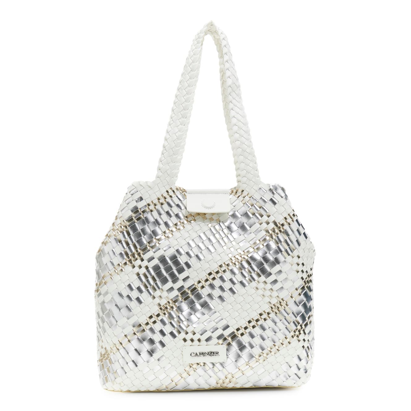 CafèNoir — Shopping bag reversibile intrecciata in materiale metallizzato multicolor argento/bianco