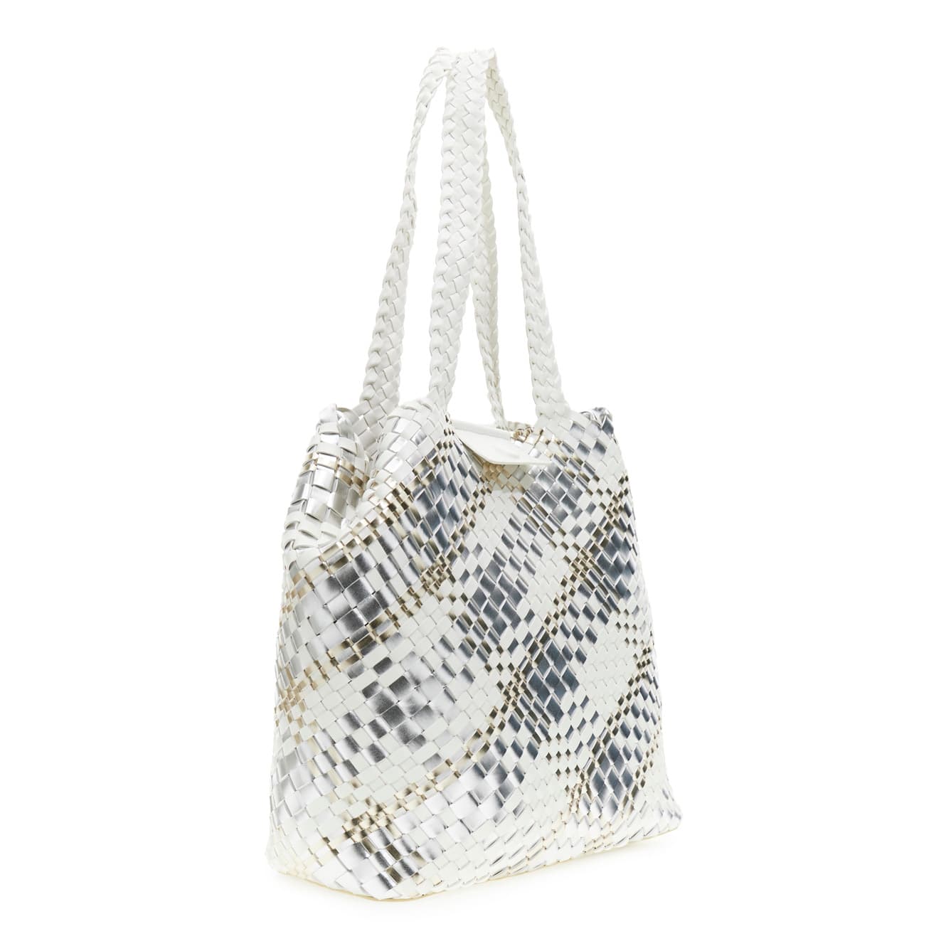 Shopping bag reversibile intrecciata in materiale metallizzato multicolor argento/bianco — vista 2