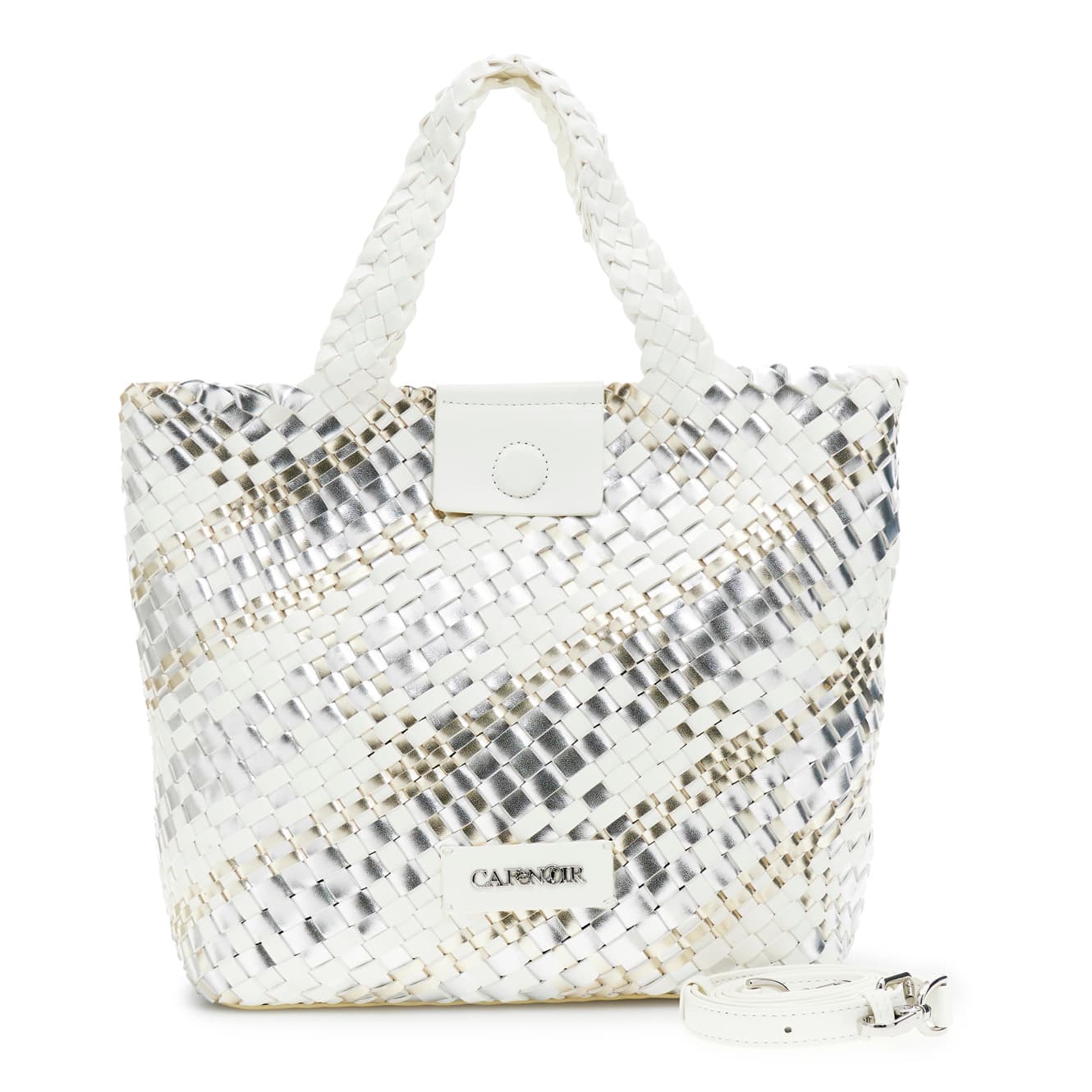 Tote reversibile intrecciata in materiale metallizzato multicolor argento/bianco — vista 3