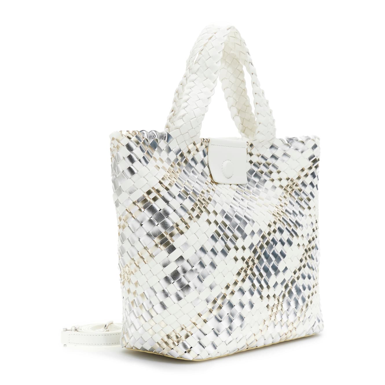 Tote reversibile intrecciata in materiale metallizzato multicolor argento/bianco — vista 2