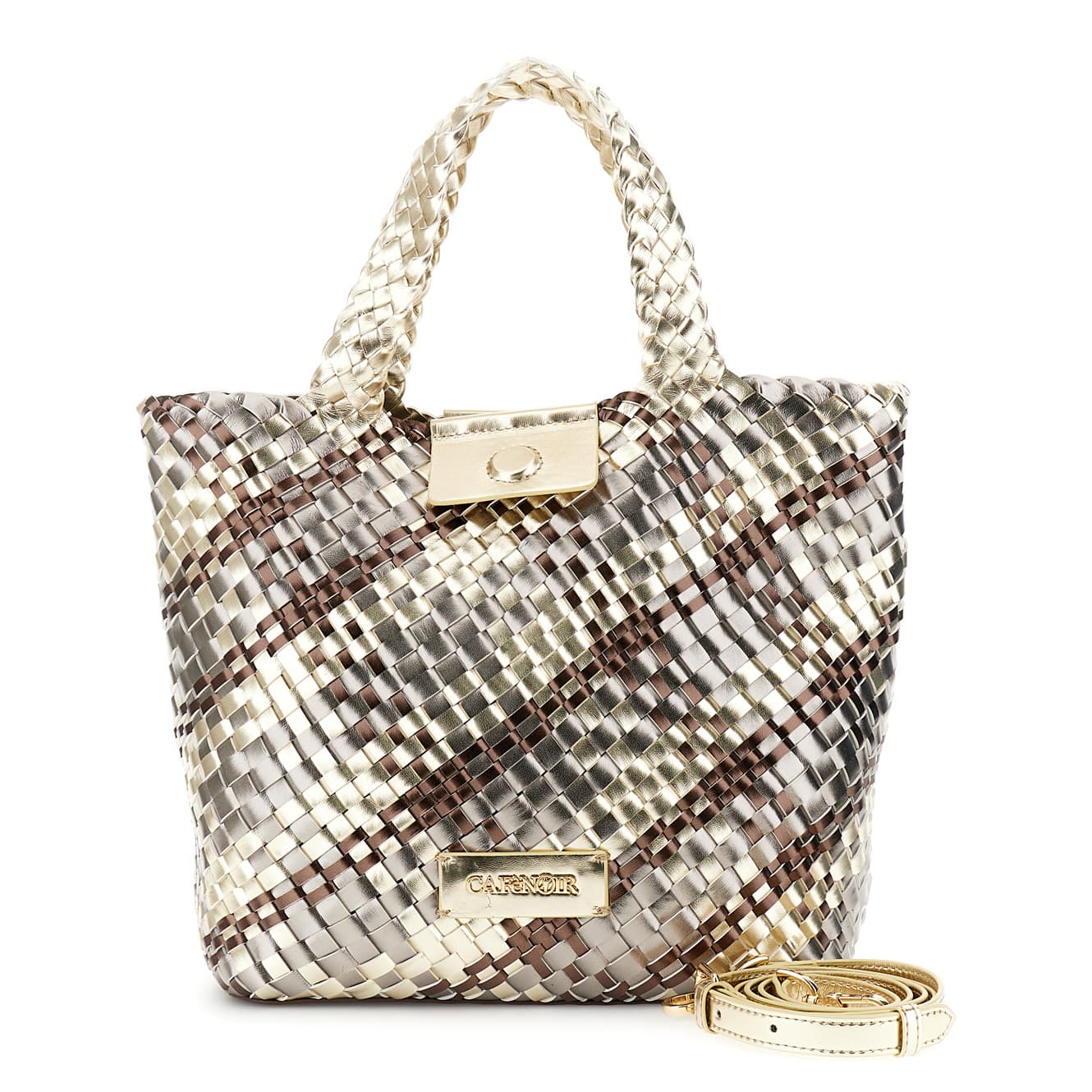 CafèNoir — Tote reversibile intrecciata in materiale metallizzato multicolor bronzo/platino