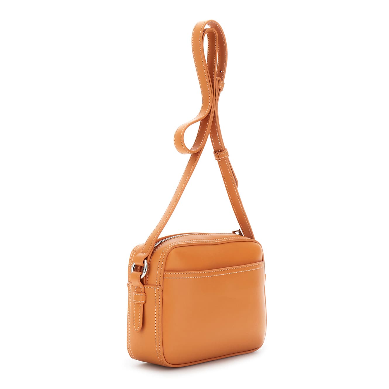Camera bag in materiale effetto pelle con traforatura geometrica frontale arancio — vista 2