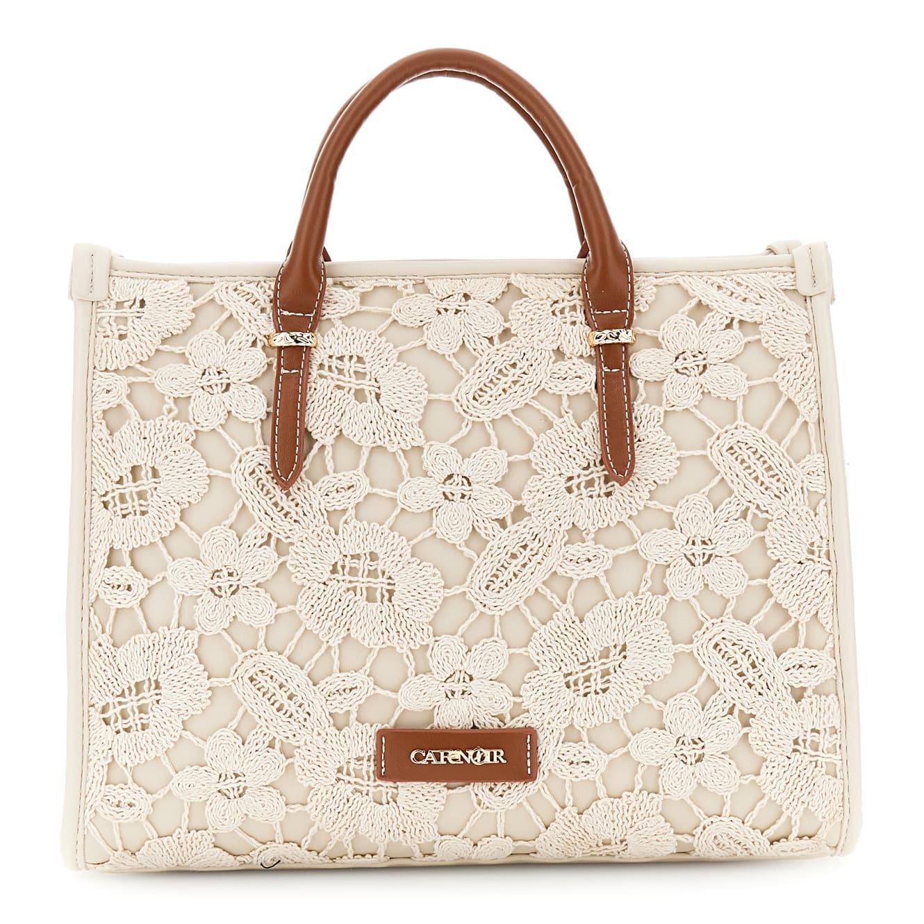 CafèNoir — Shopping bag piccola in macramè con manici effetto pelle ecru