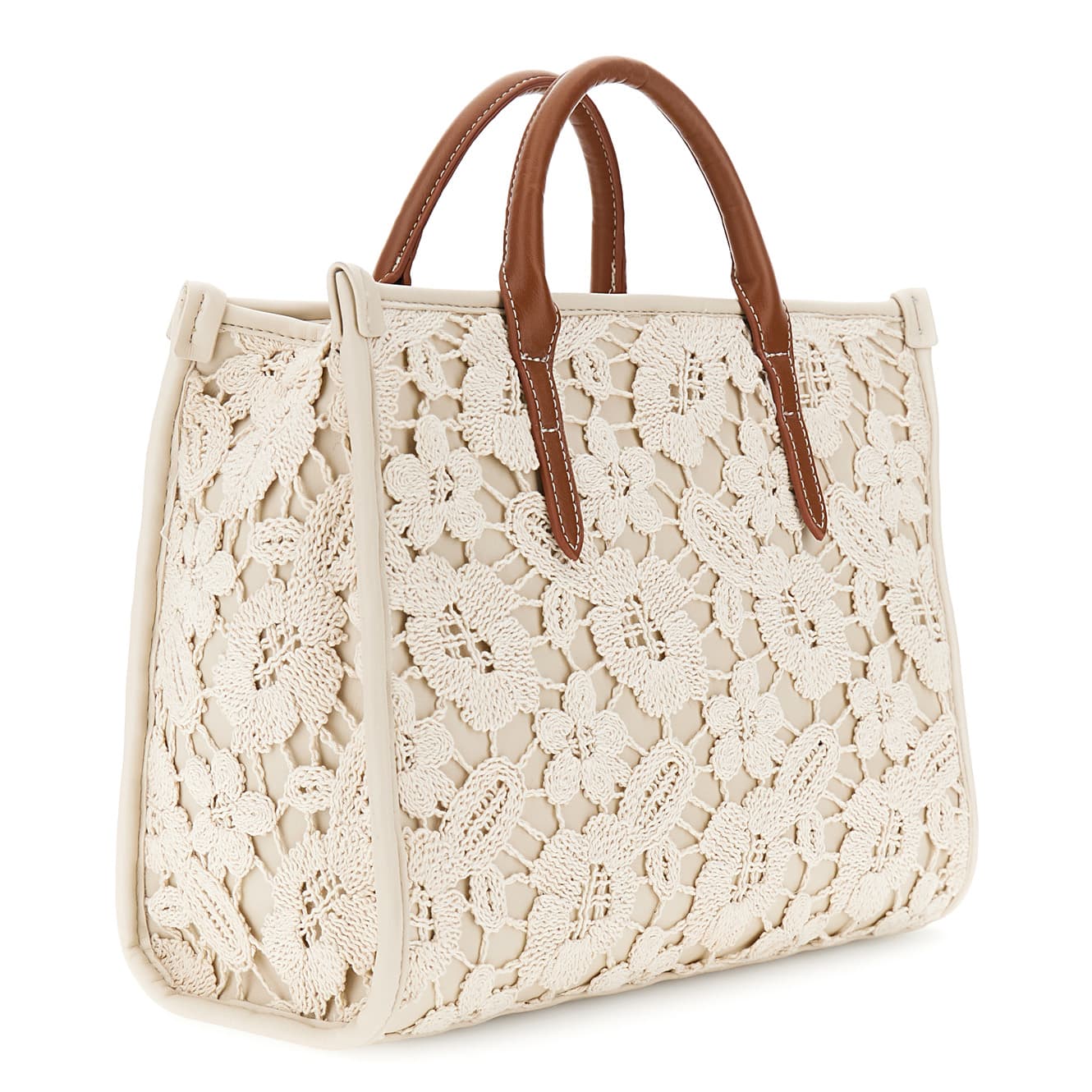 Shopping bag piccola in macramè con manici effetto pelle ecru — vista 2