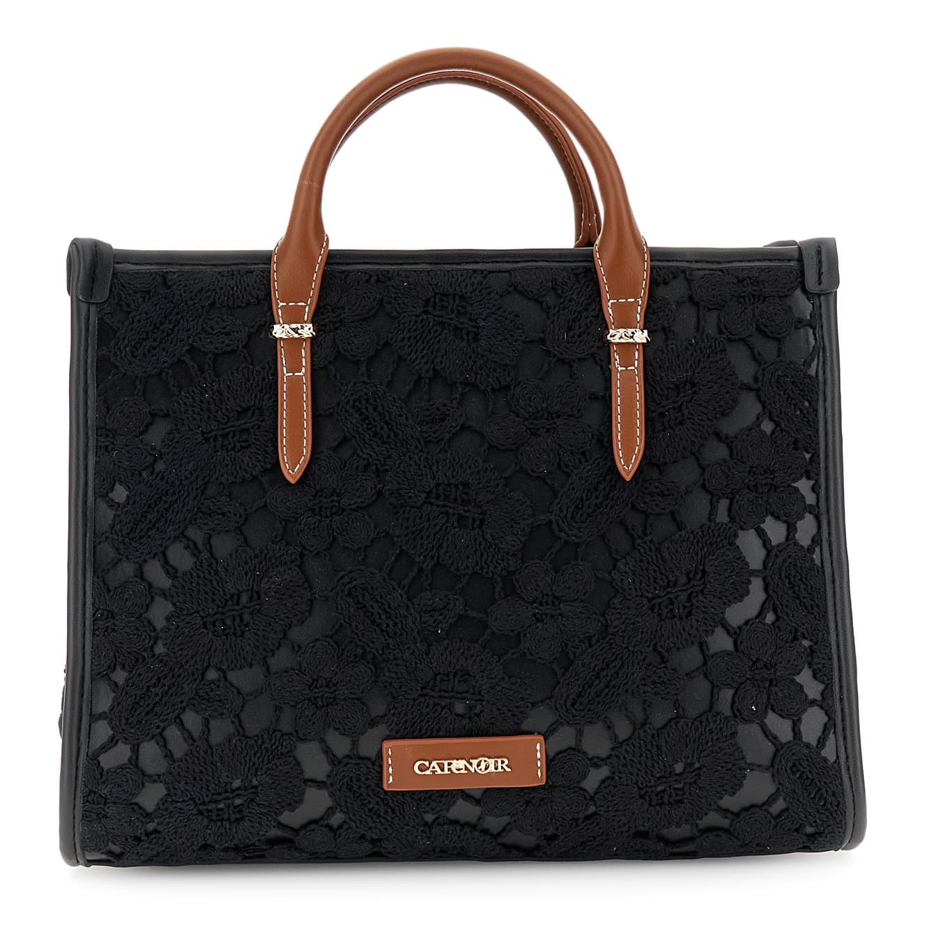 CafèNoir — Shopping bag piccola in macramè con manici effetto pelle nero