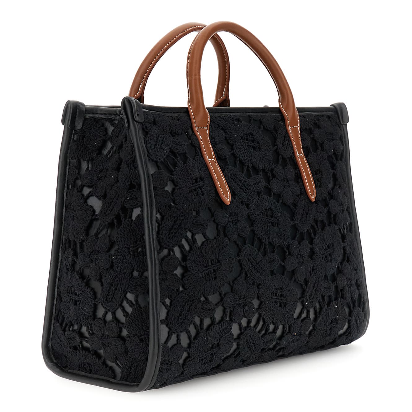 Shopping bag piccola in macramè con manici effetto pelle nero — vista 2