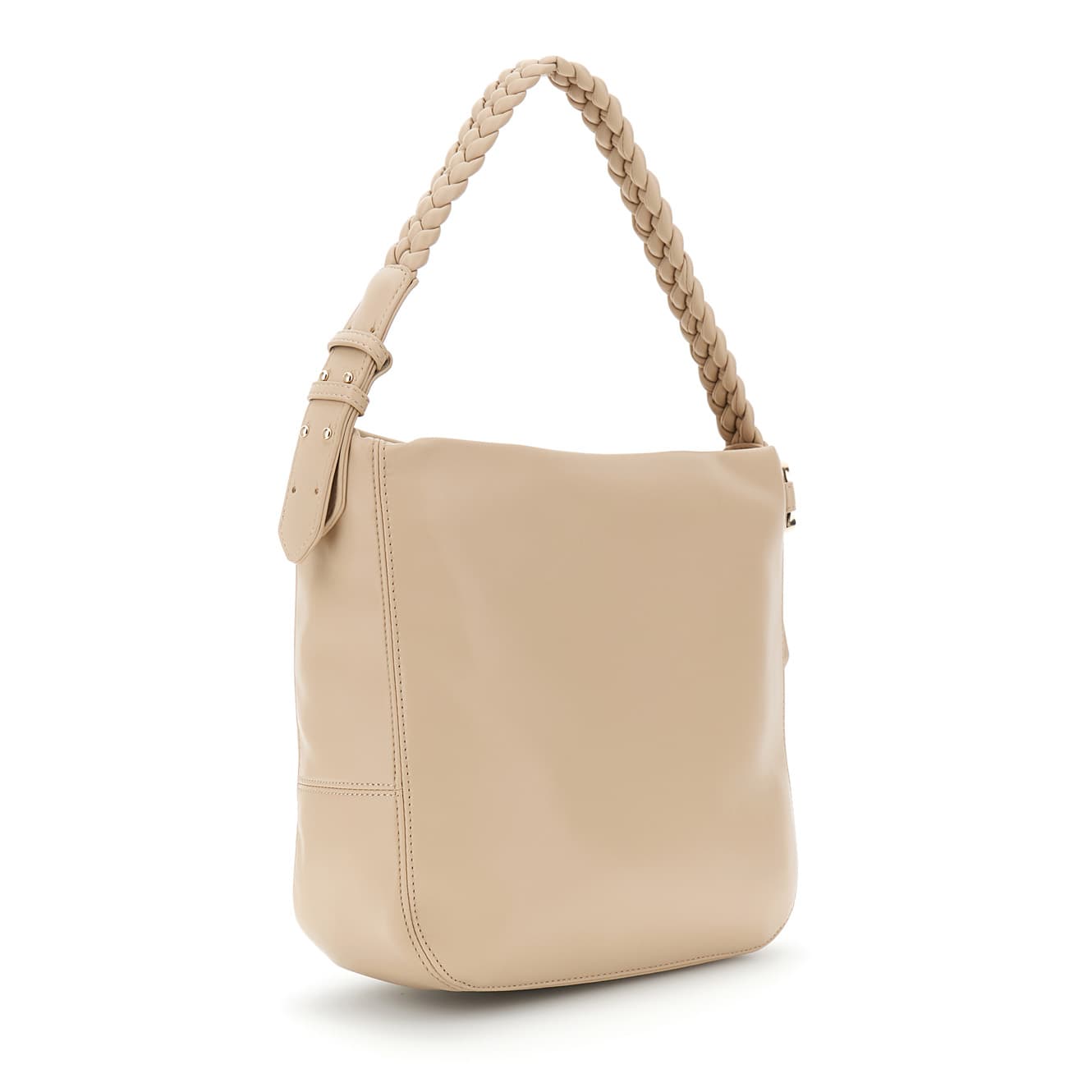 Sacca a spalla morbida con tracolla a treccia, accessorio smaltato e fermagli beige — vista 2